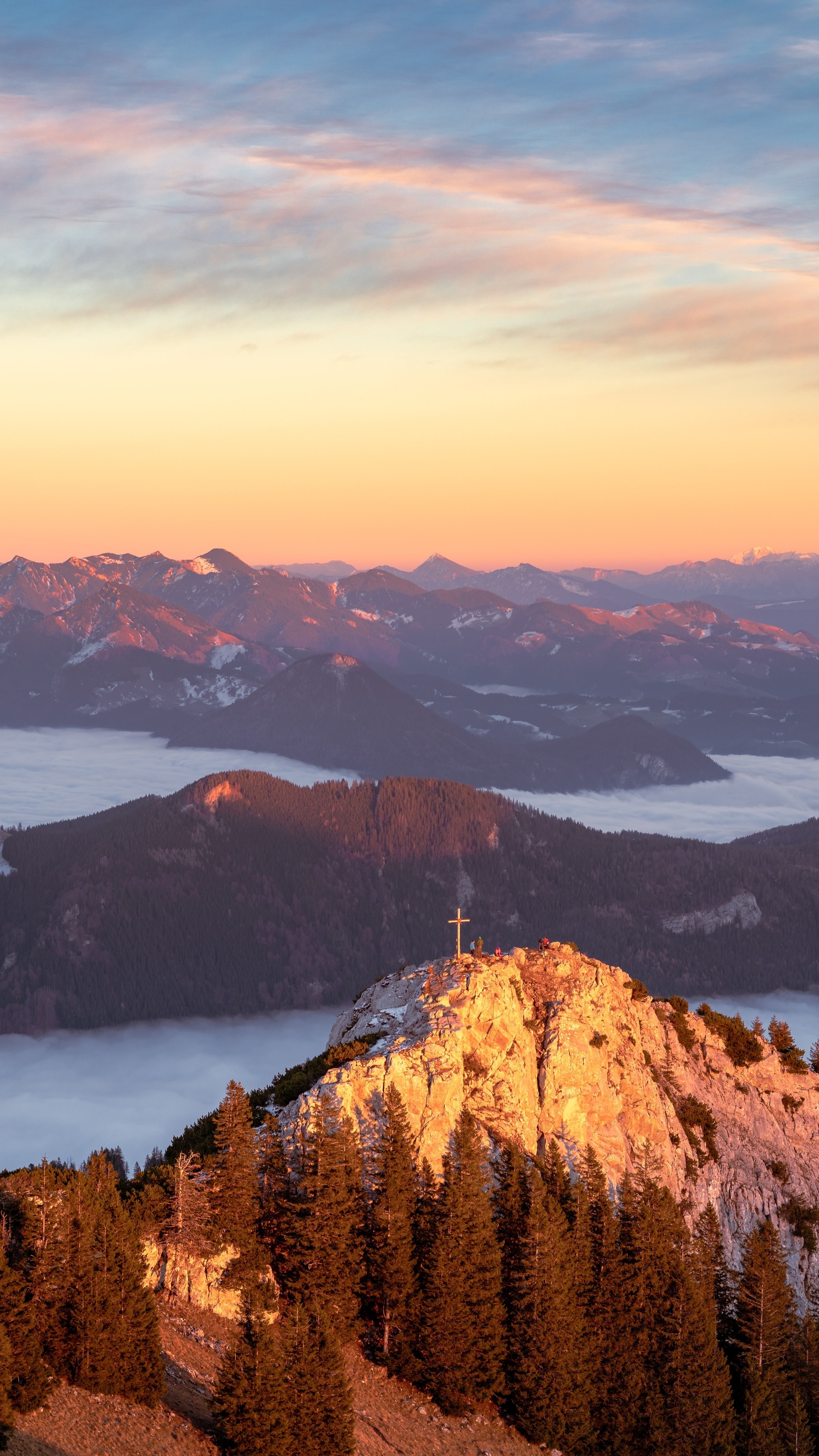 Mountain summit with cross at sunrise over clouds HD Phone Wallpaper