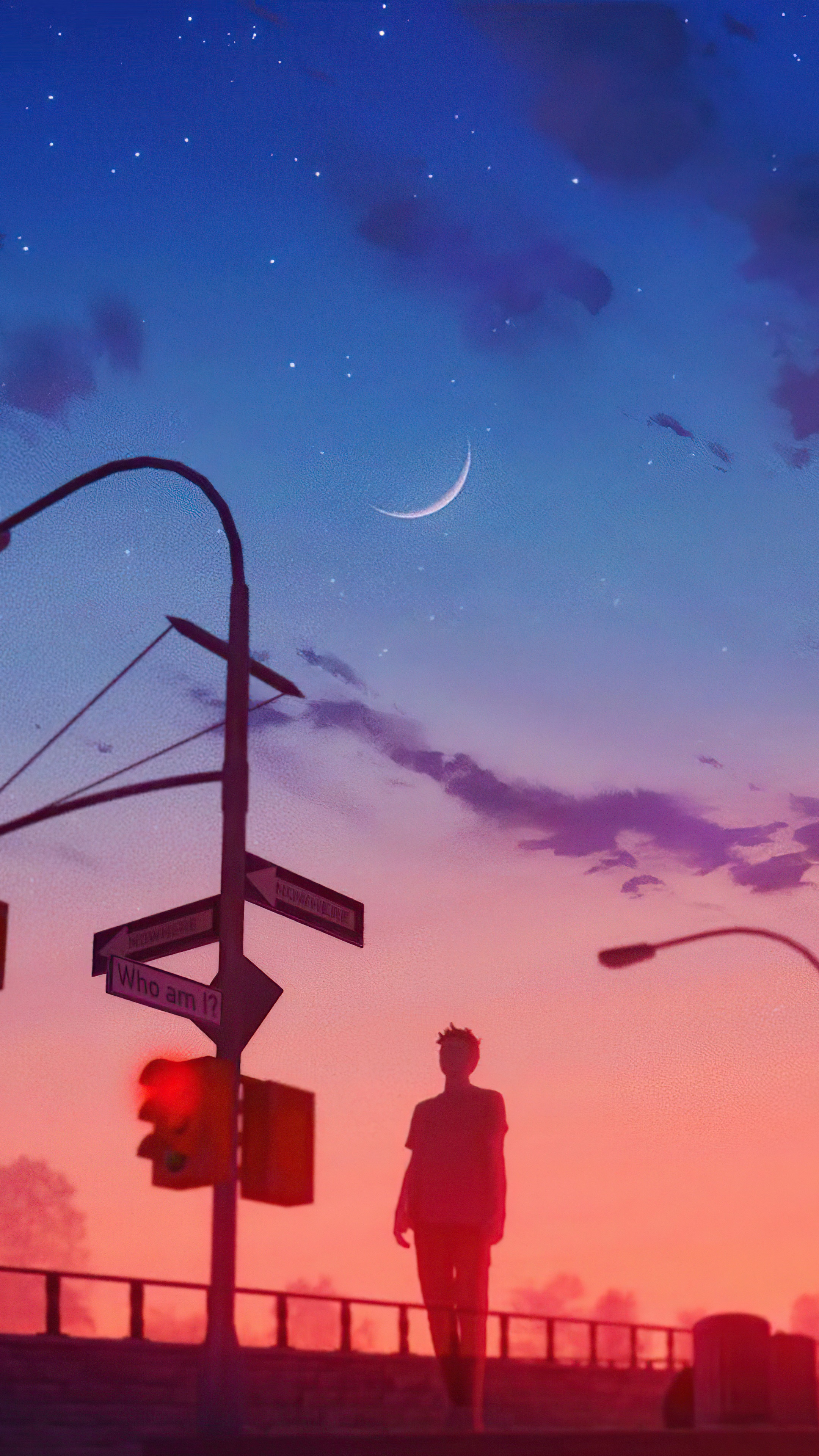 Man walking under a crescent moon and starry sky HD Phone Wallpaper