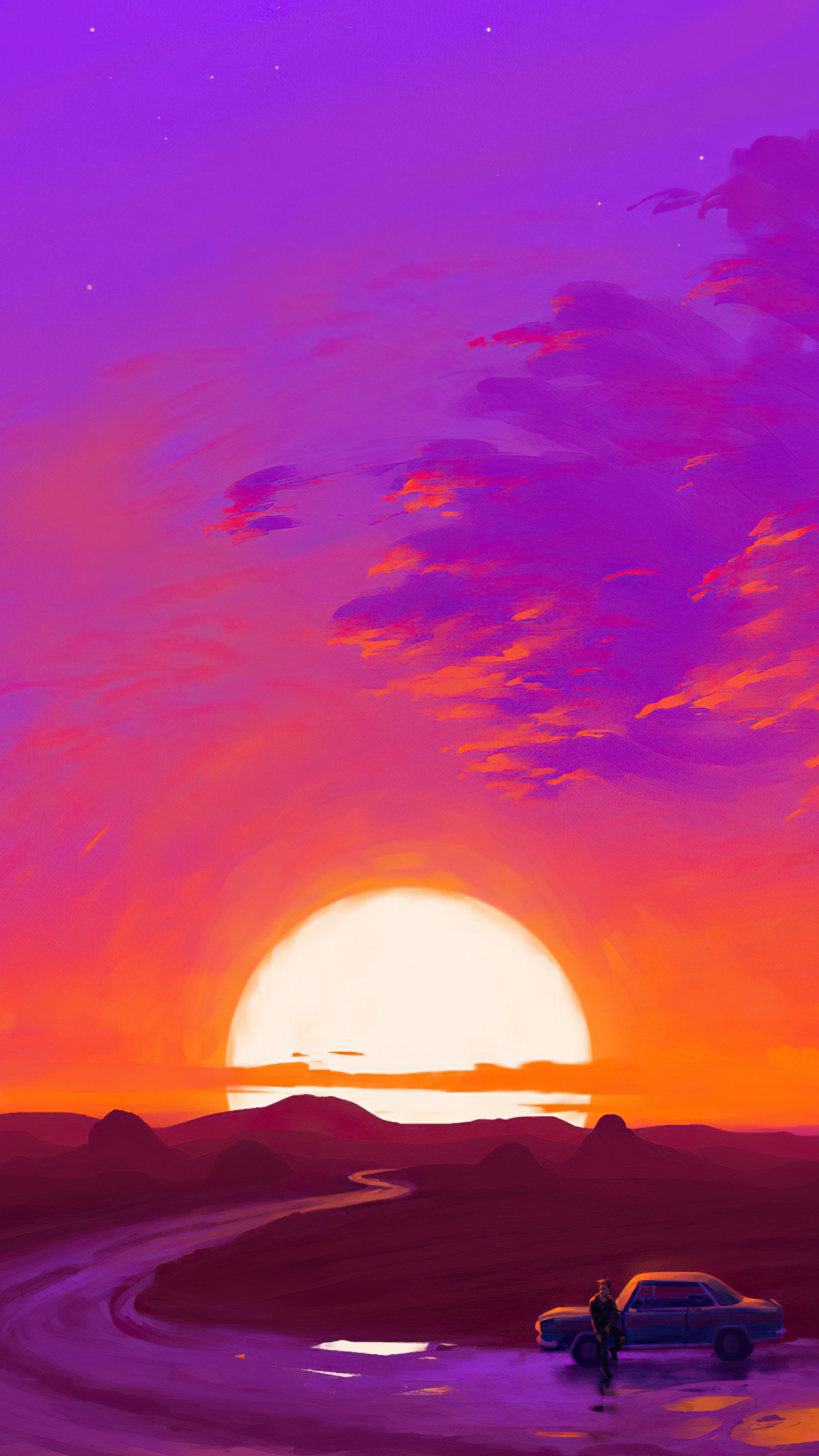 Digital Art of a Sunset Landscape with a Car HD Phone Wallpaper