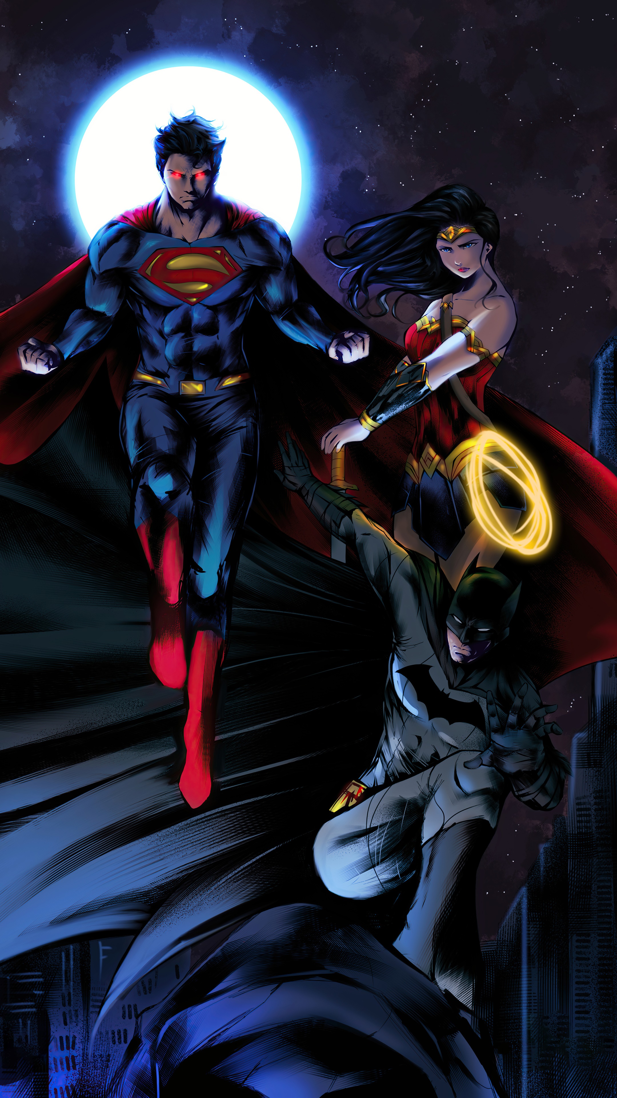 Superman, Wonder Woman, and Batman in artwork HD Phone Wallpaper