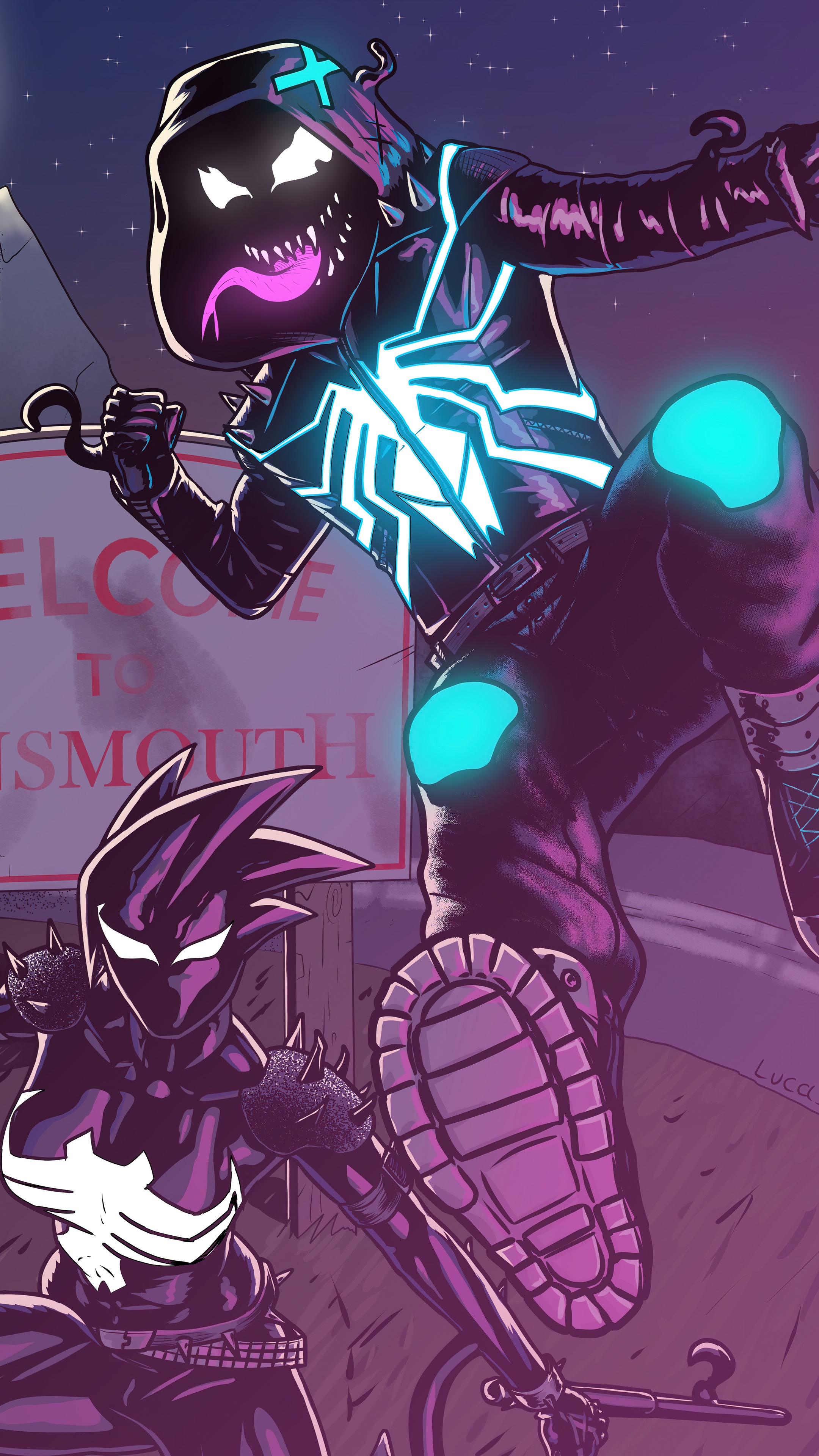 Venom characters in front of a welcome sign HD Phone Wallpaper