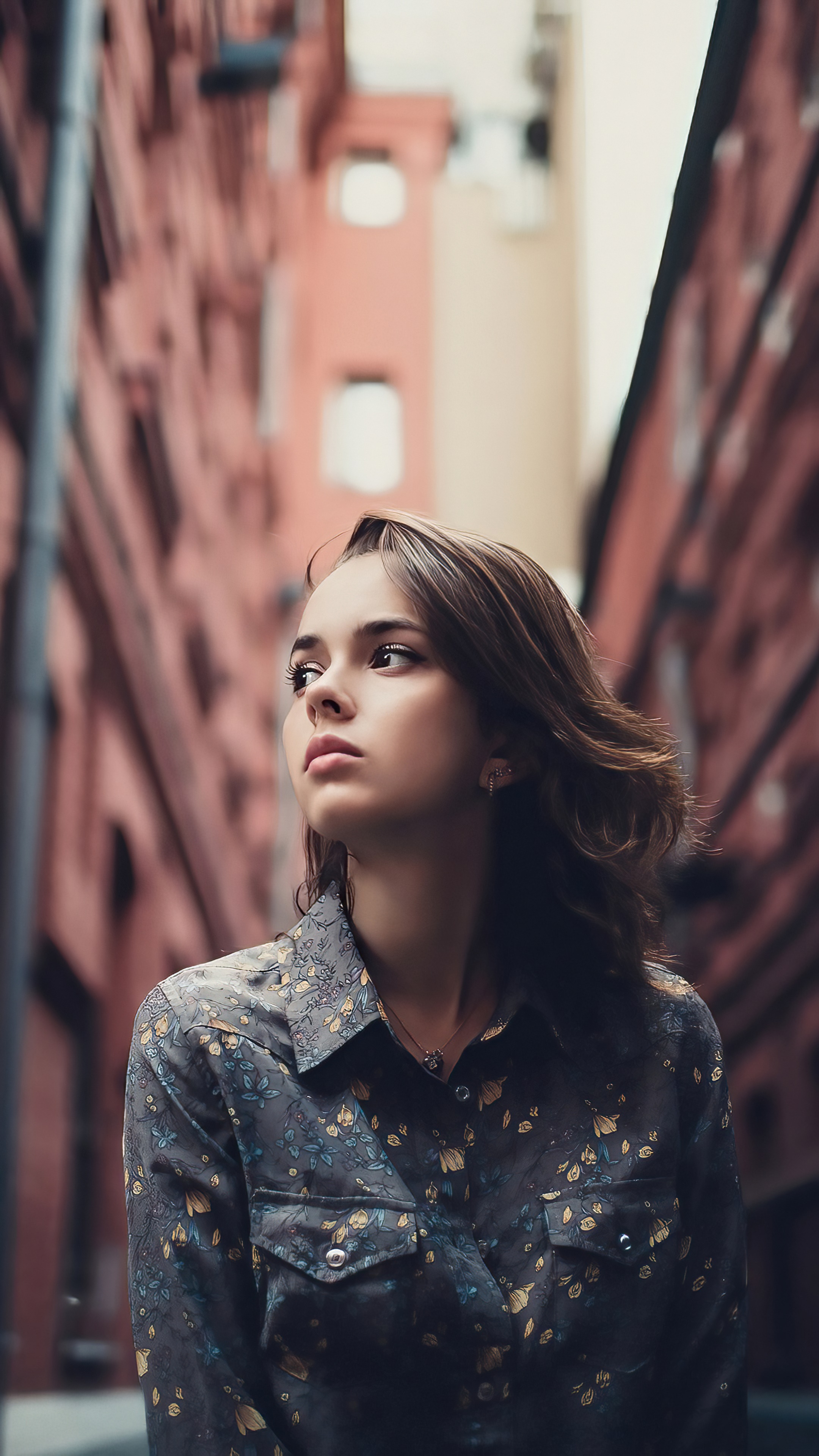 Brunette girl in a floral shirt HD Phone Wallpaper
