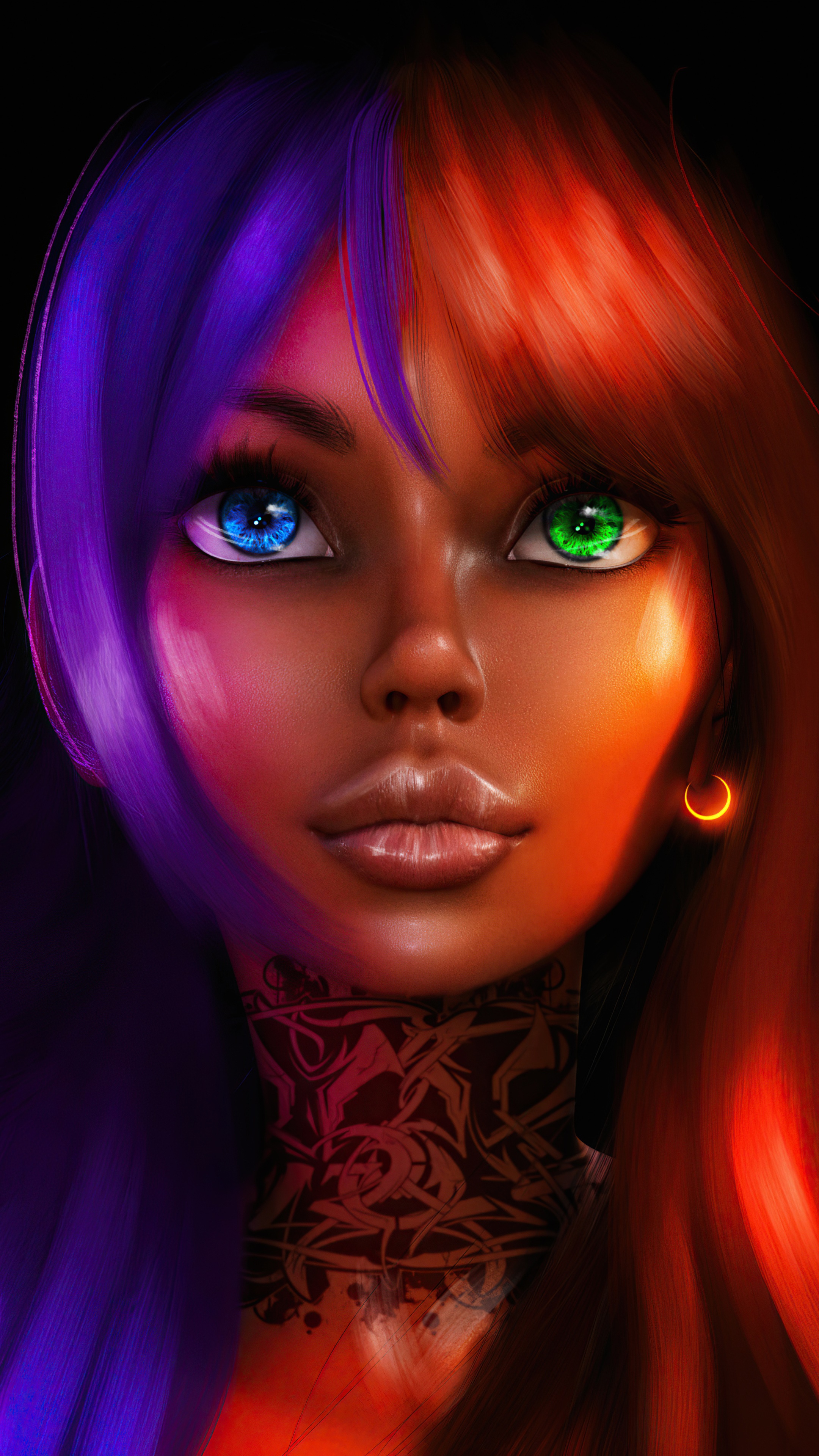 Digital art portrait of a woman with heterochromia HD Phone Wallpaper