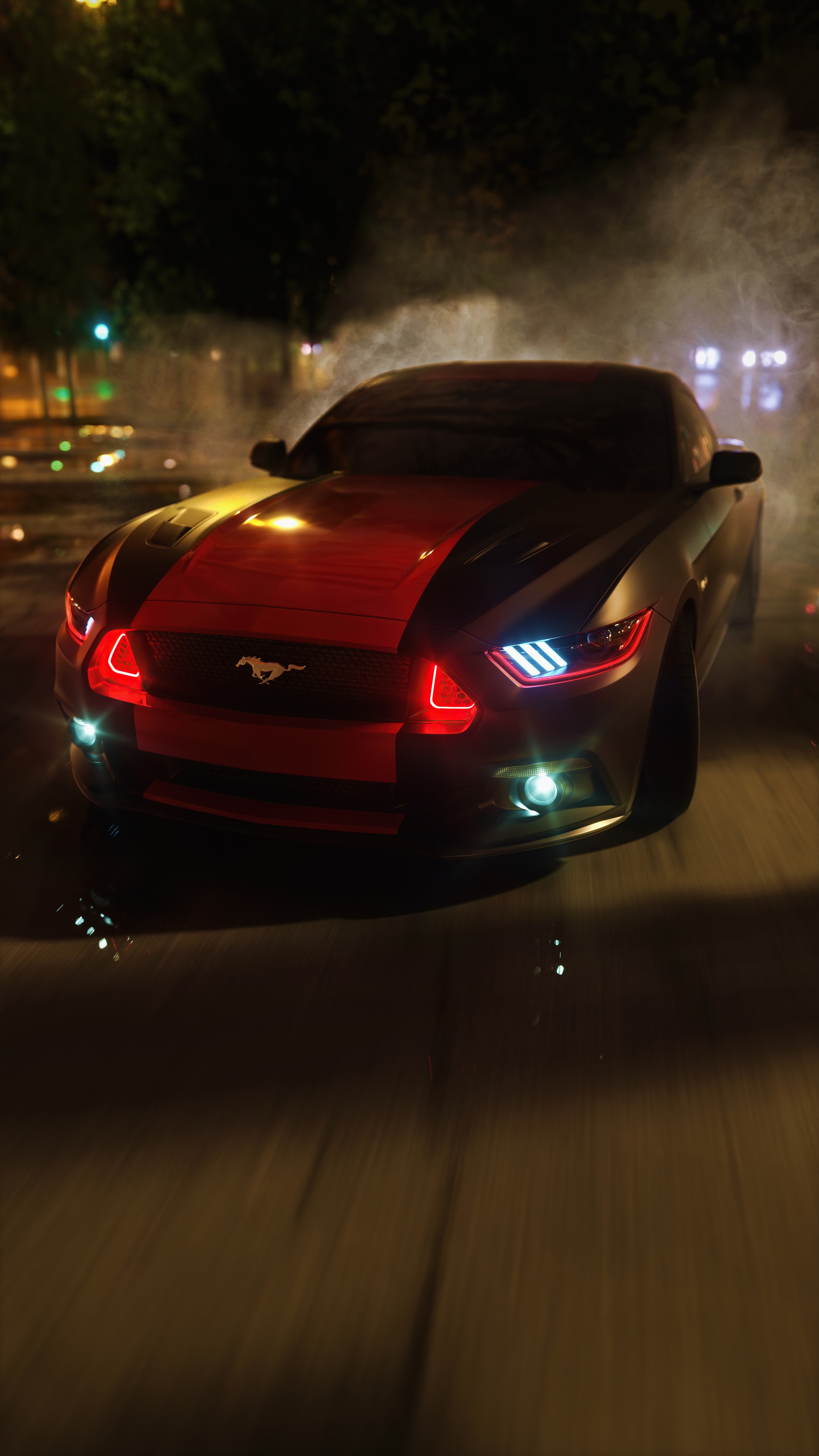 Ford Mustang with red stripes at night HD Phone Wallpaper