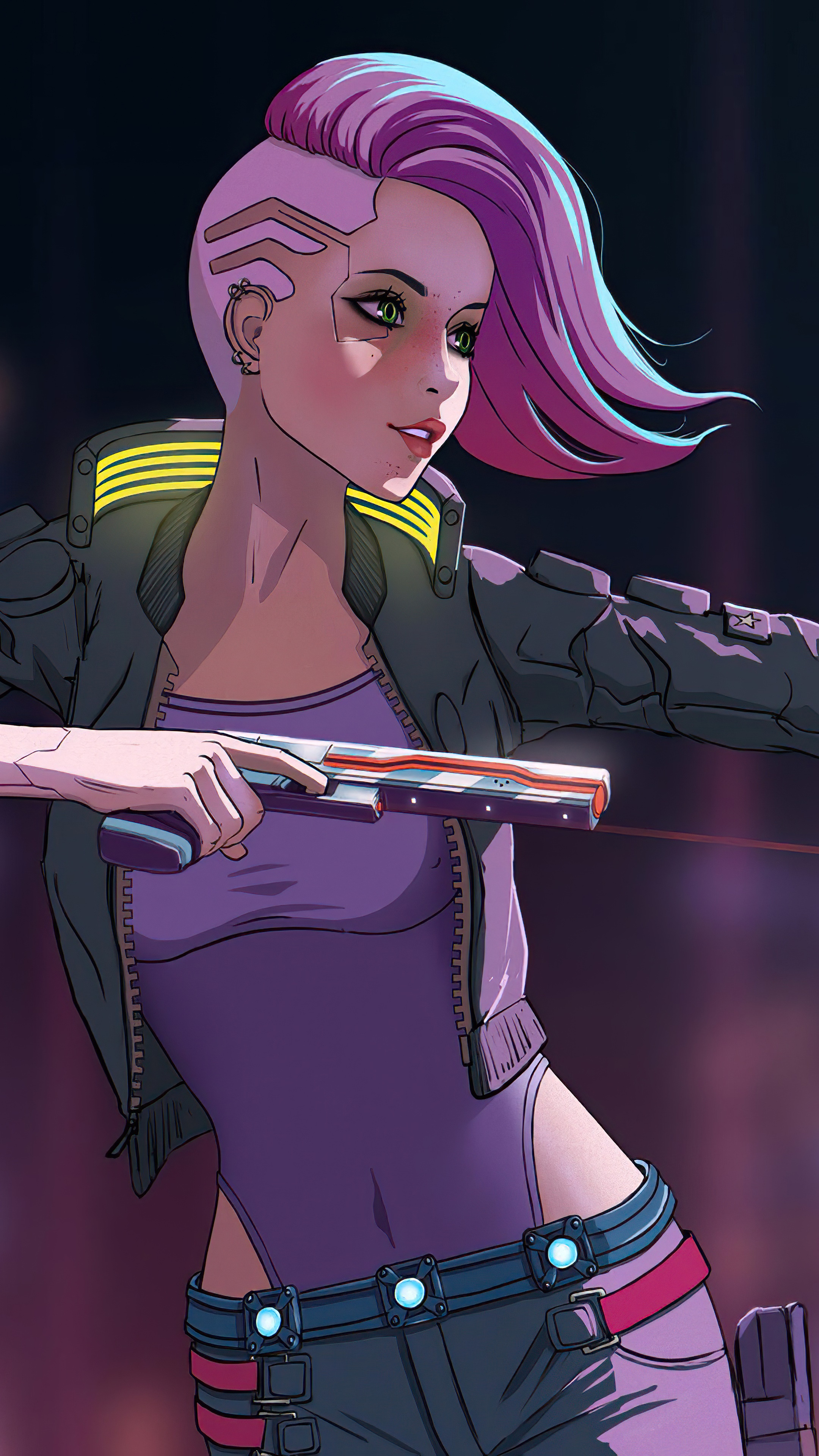 Artwork of a woman with pink hair holding a gun HD Phone Wallpaper