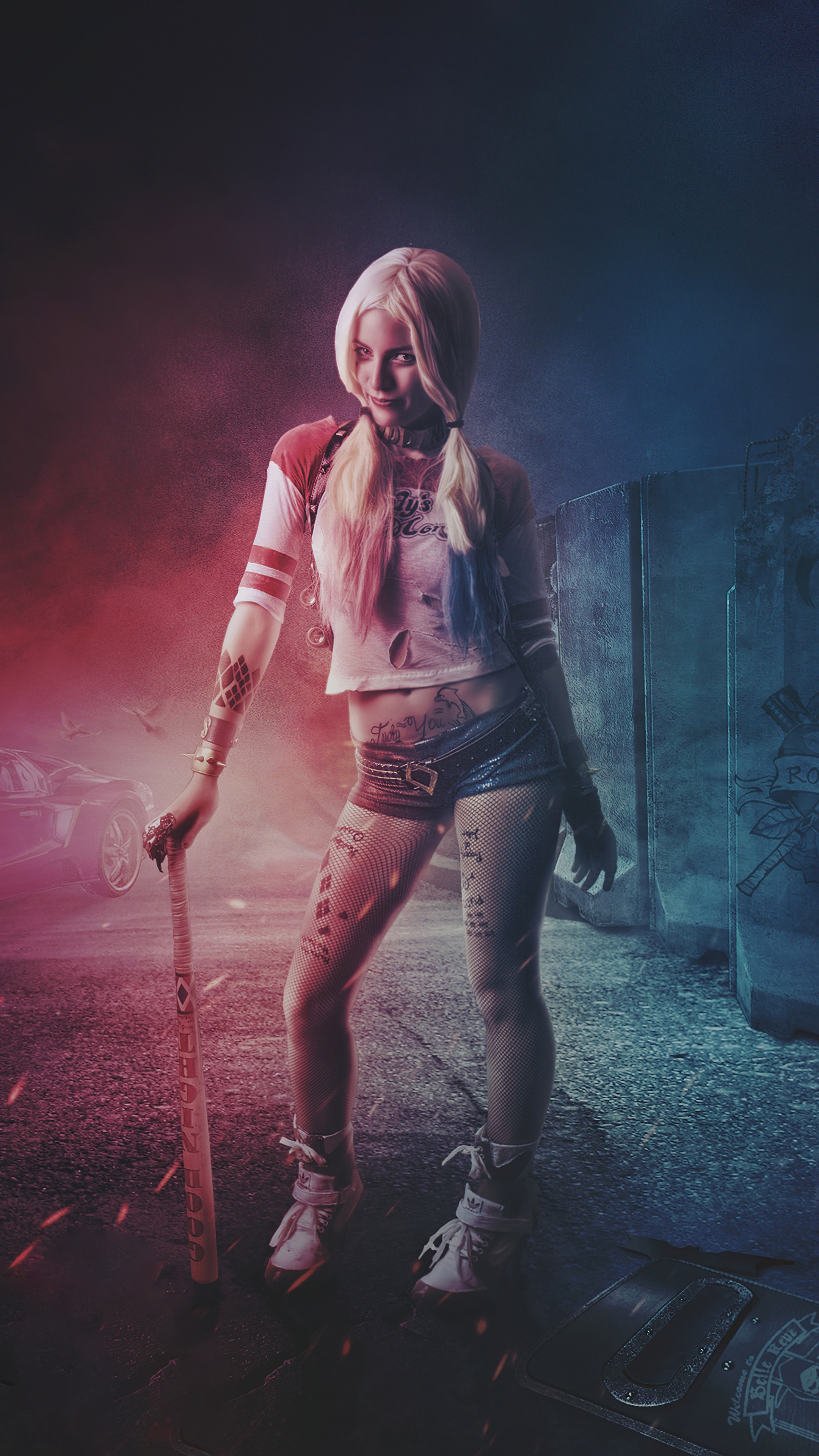 Harley Quinn with a baseball bat HD Phone Wallpaper