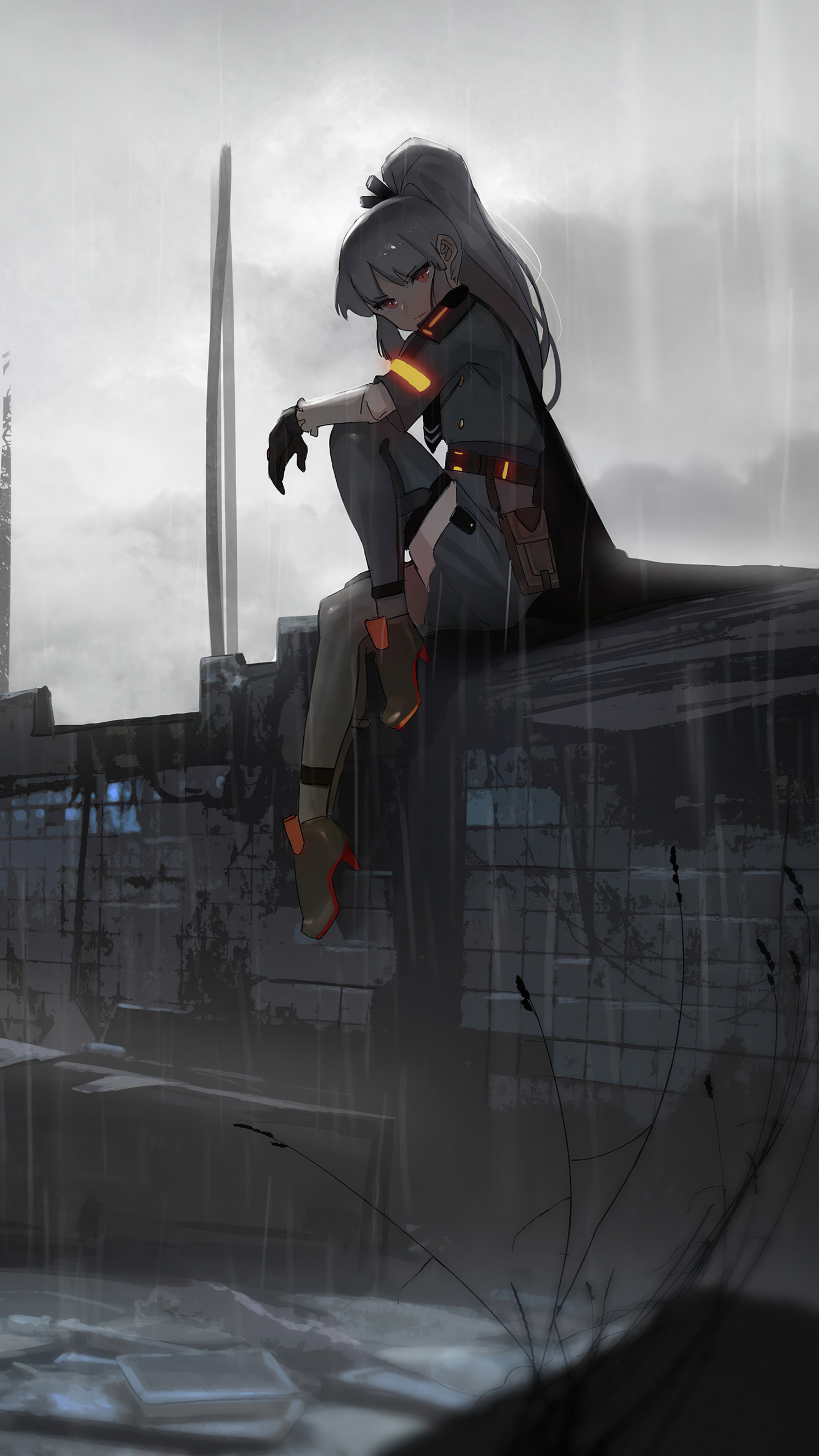 Anime girl sitting on a ruined wall in the rain HD Phone Wallpaper