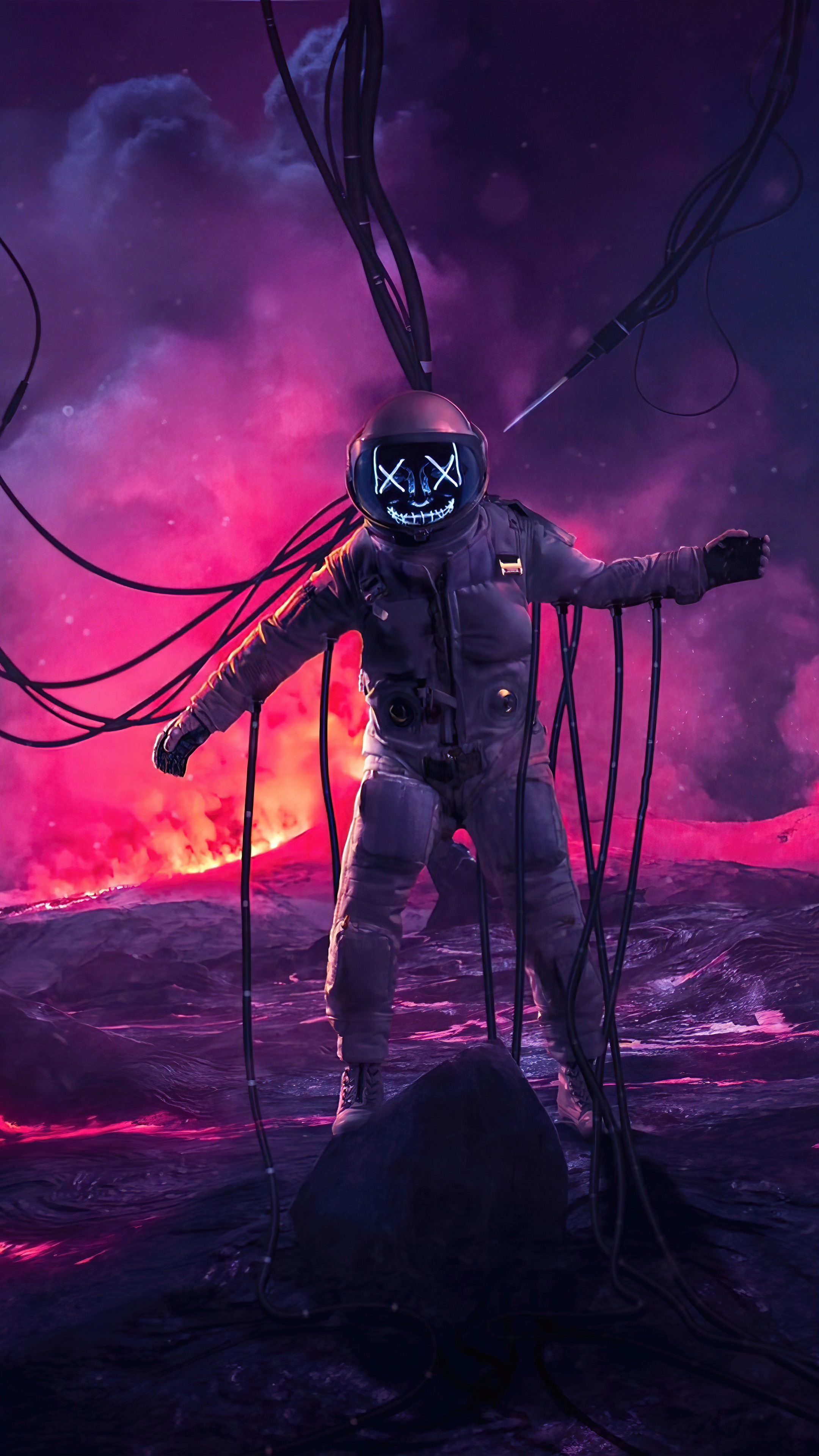 Astronaut with glowing mask and wires HD Phone Wallpaper