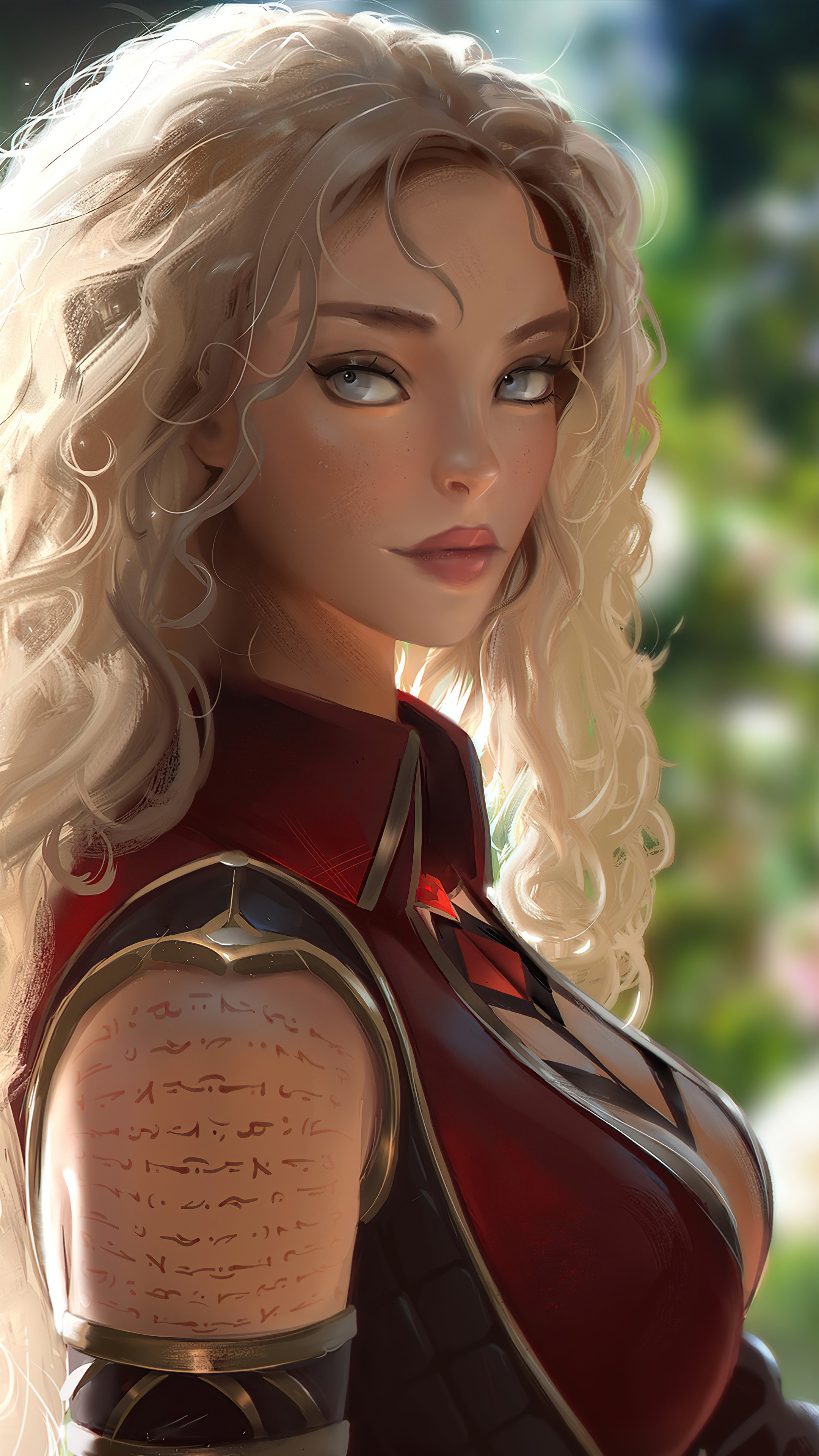 Warrior woman with blonde curly hair and tattoos HD Phone Wallpaper