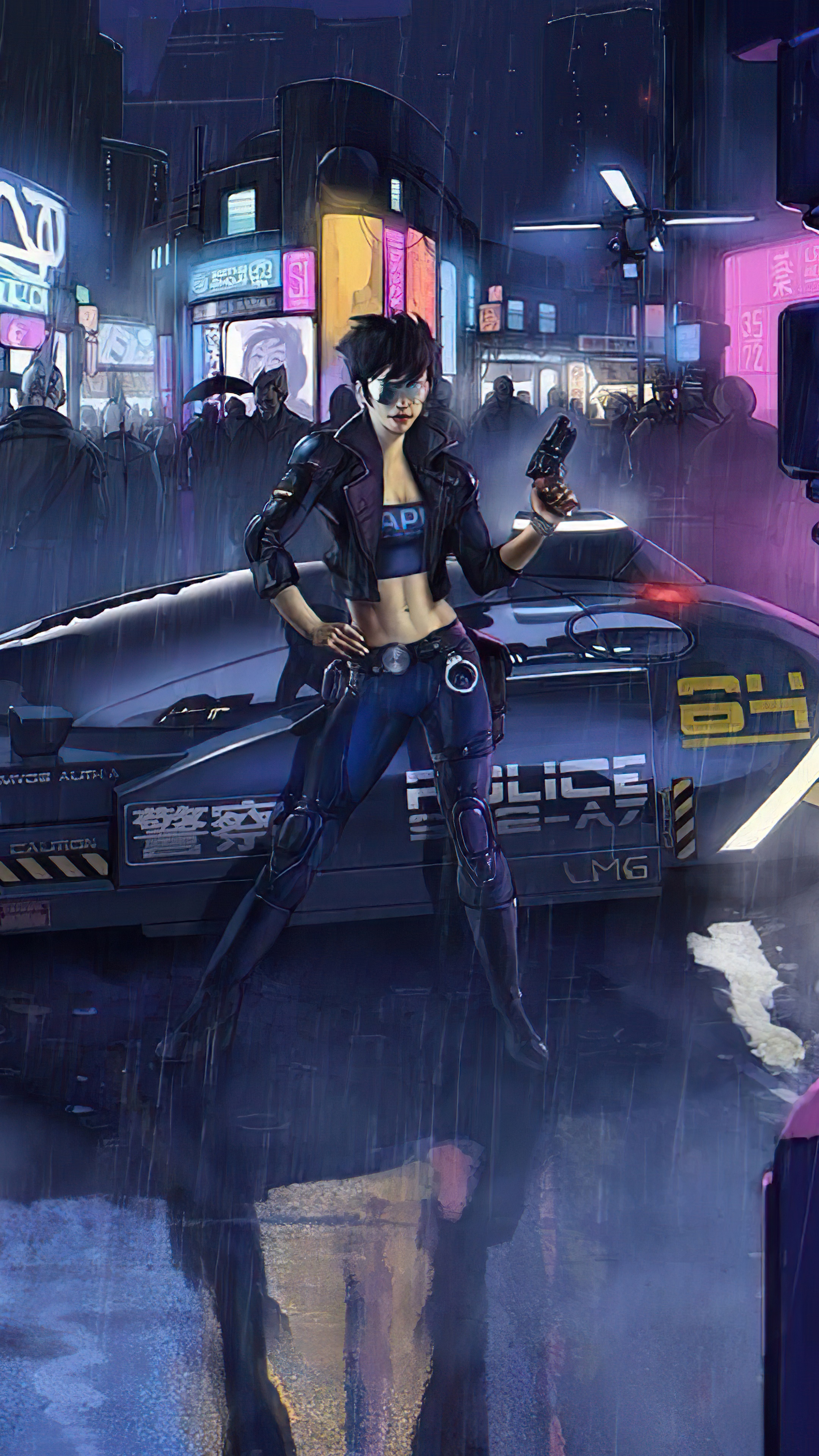 Sci-fi artwork of a female police officer in a futuristic city HD Phone Wallpaper