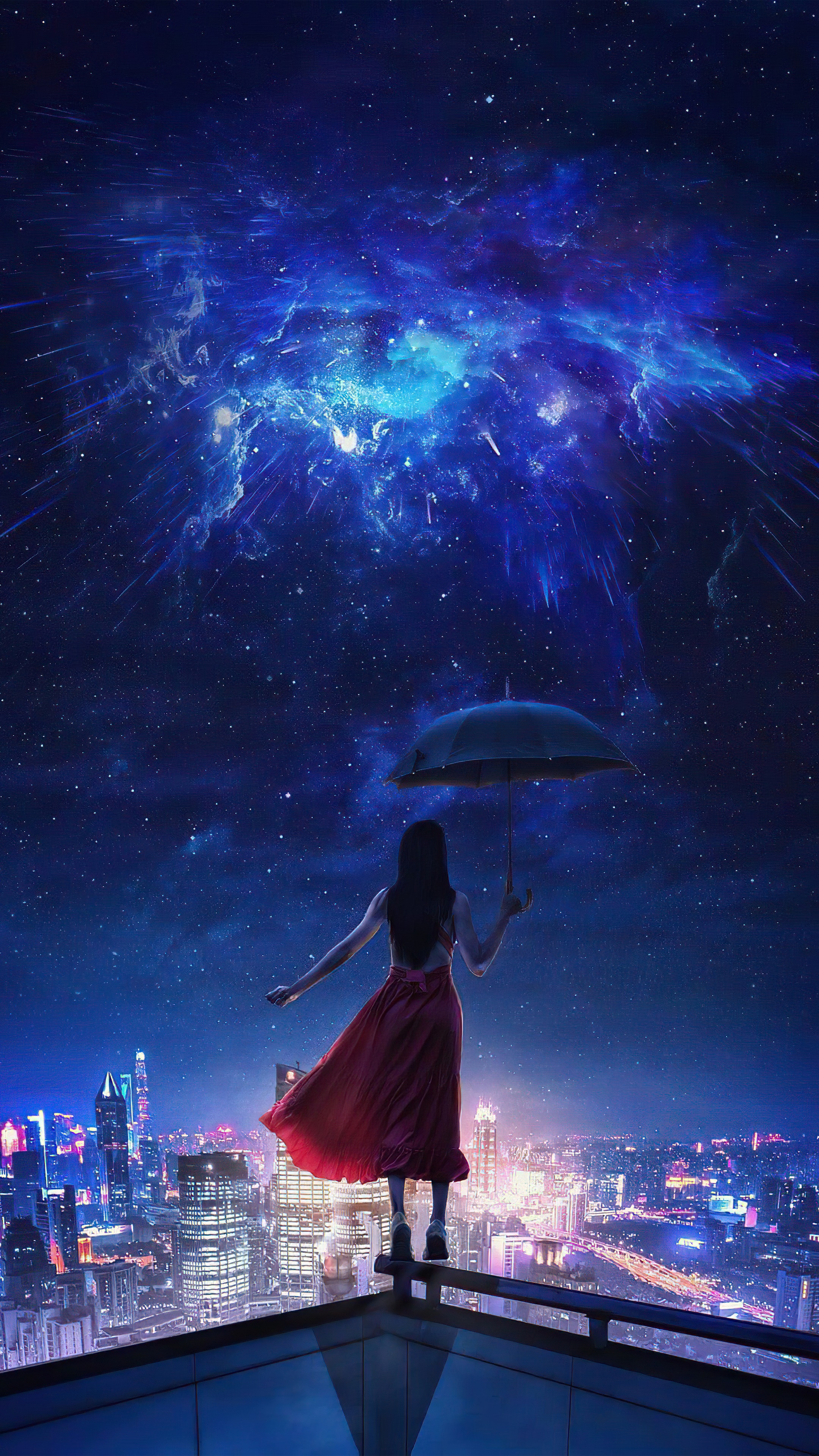 Woman in red dress with umbrella on rooftop under nebula HD Phone Wallpaper