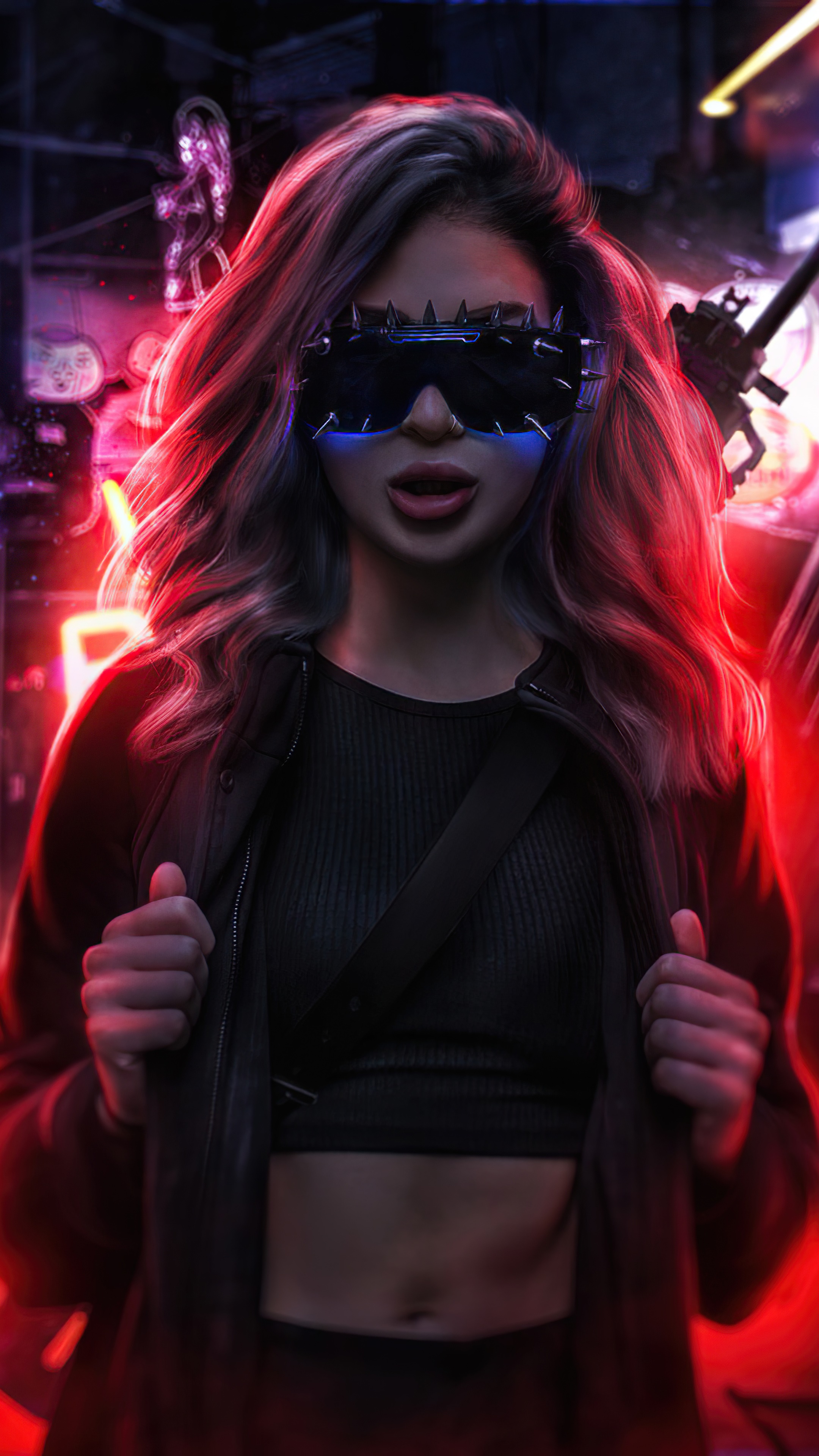 Cyberpunk woman with spiked goggles in neon city HD Phone Wallpaper