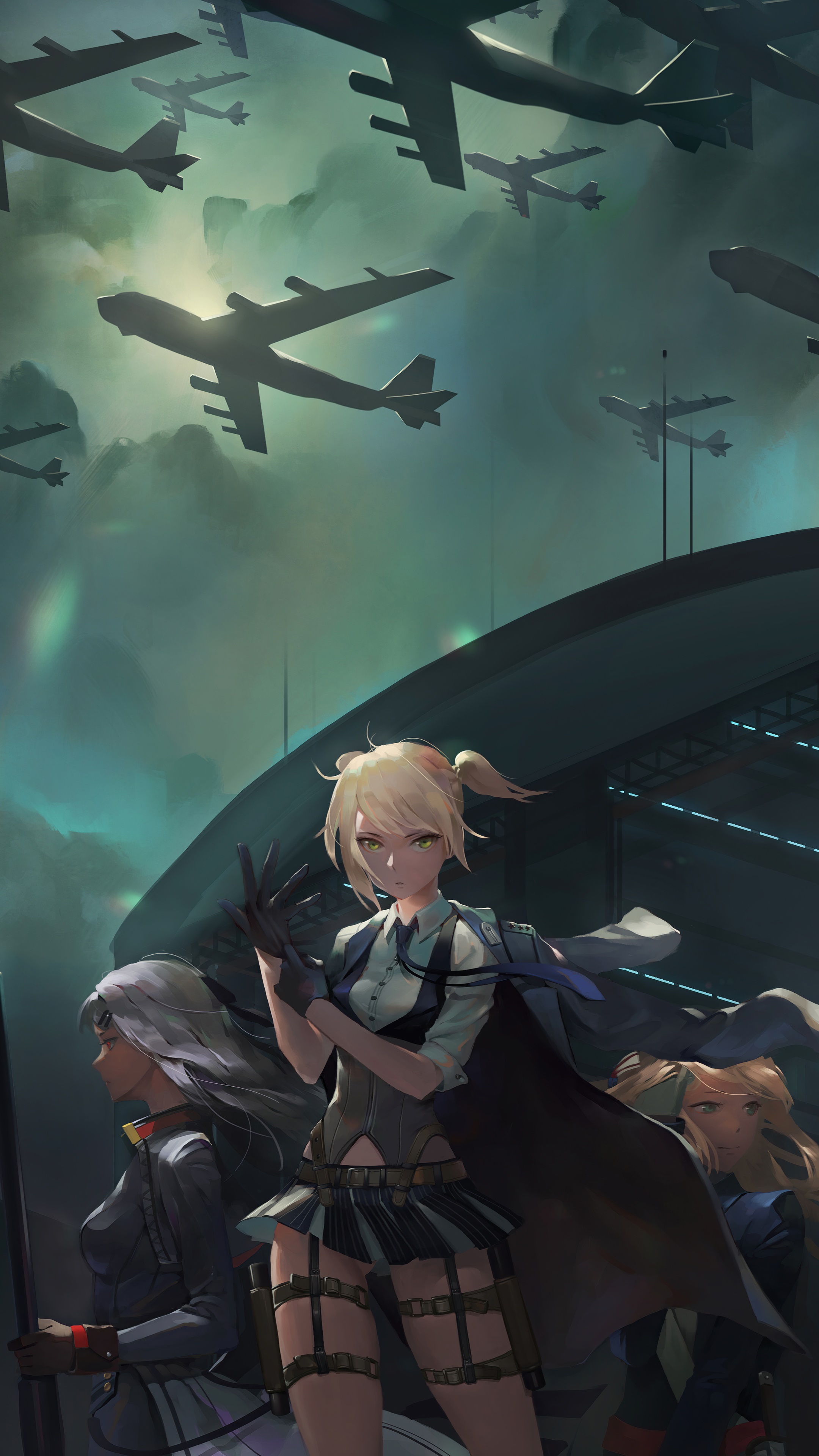 Girls' Frontline anime girls with bombers in sky HD Phone Wallpaper