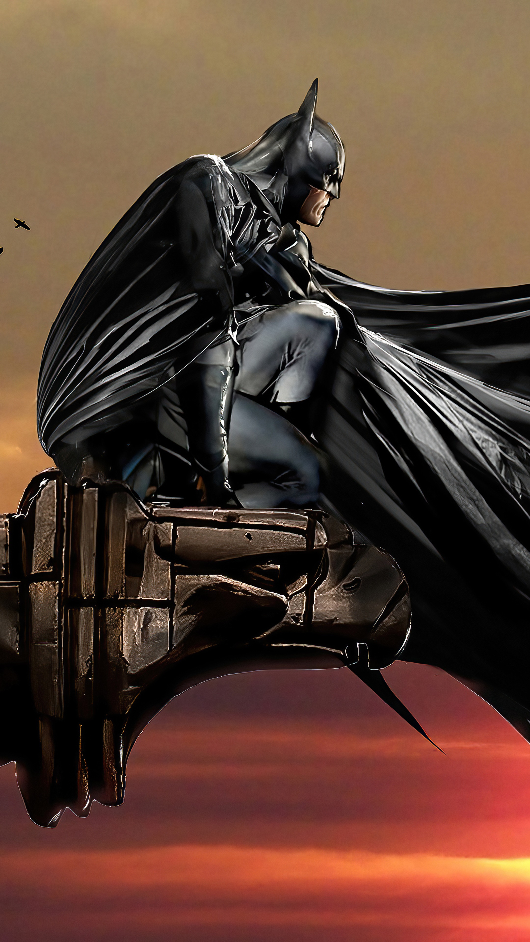 Batman sitting on a gargoyle at sunset HD Phone Wallpaper