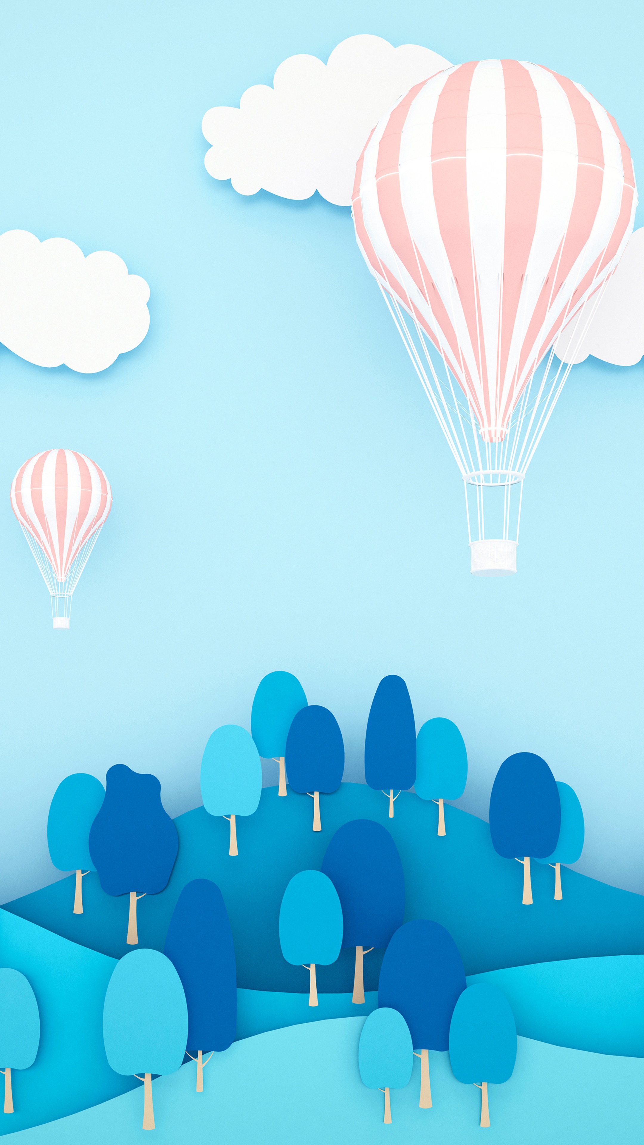 Pink and white hot air balloons over blue hills and trees HD Phone Wallpaper