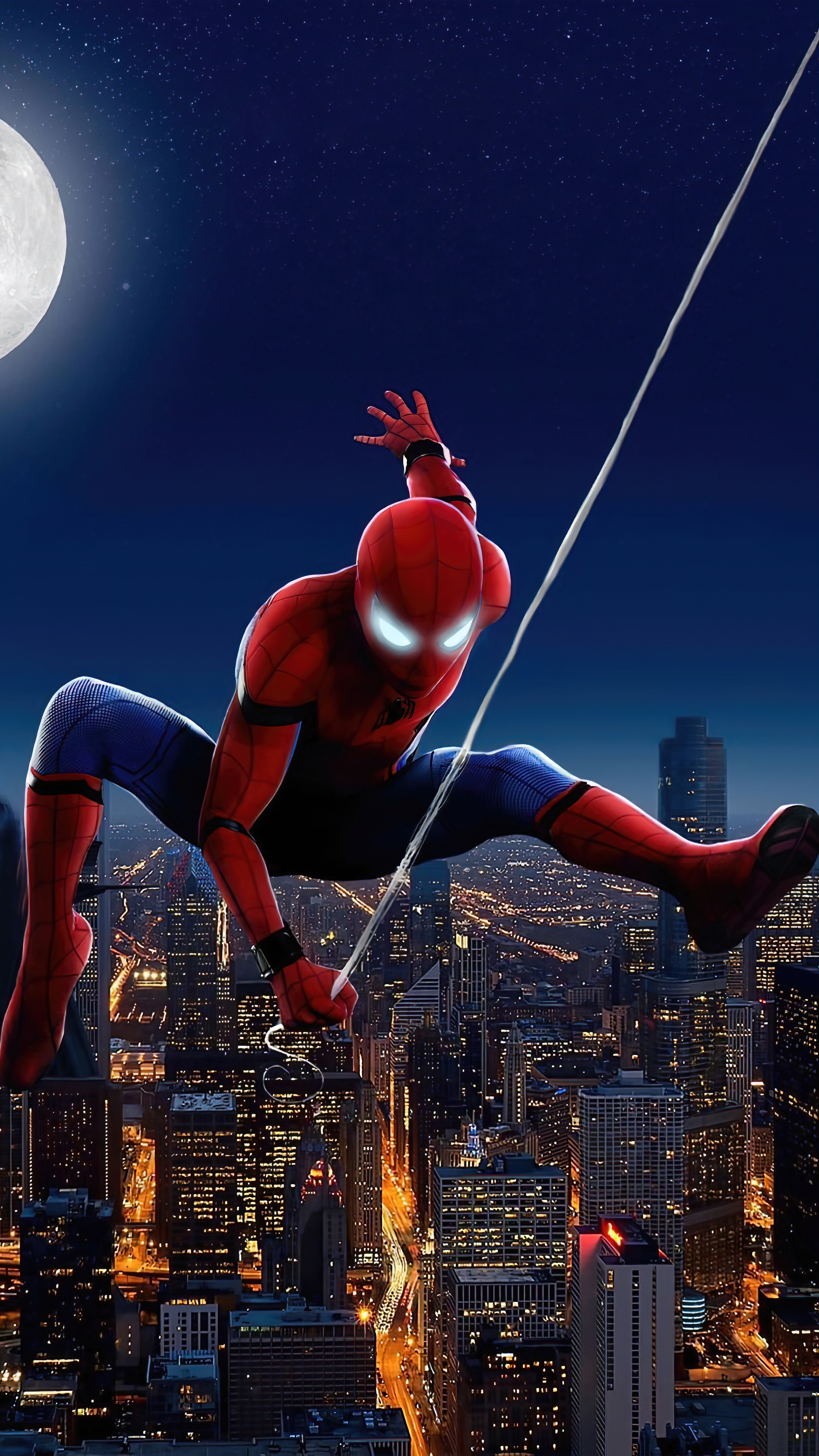 Spider-Man swinging through a city at night HD Phone Wallpaper