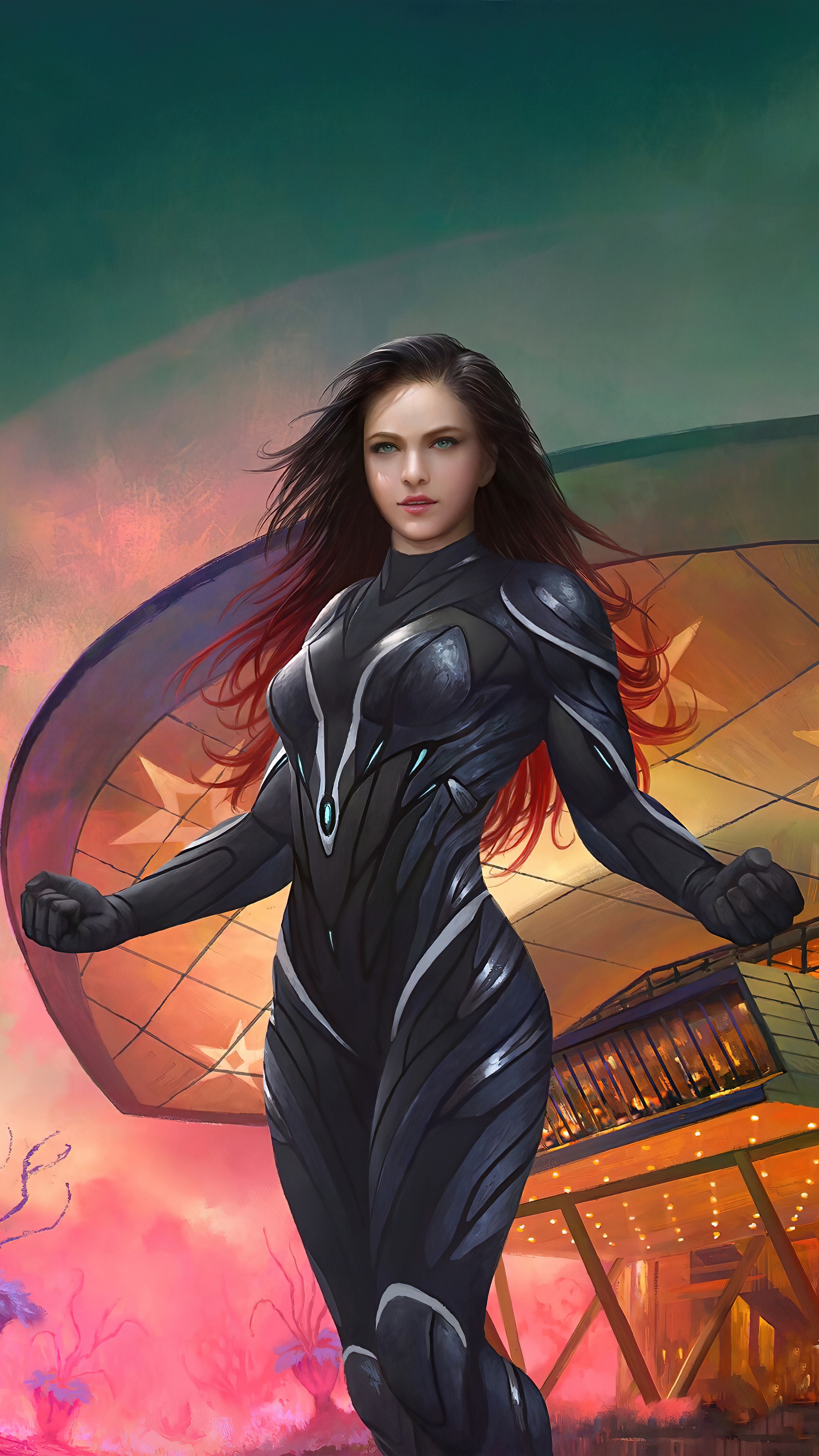 Woman in a futuristic suit HD Phone Wallpaper