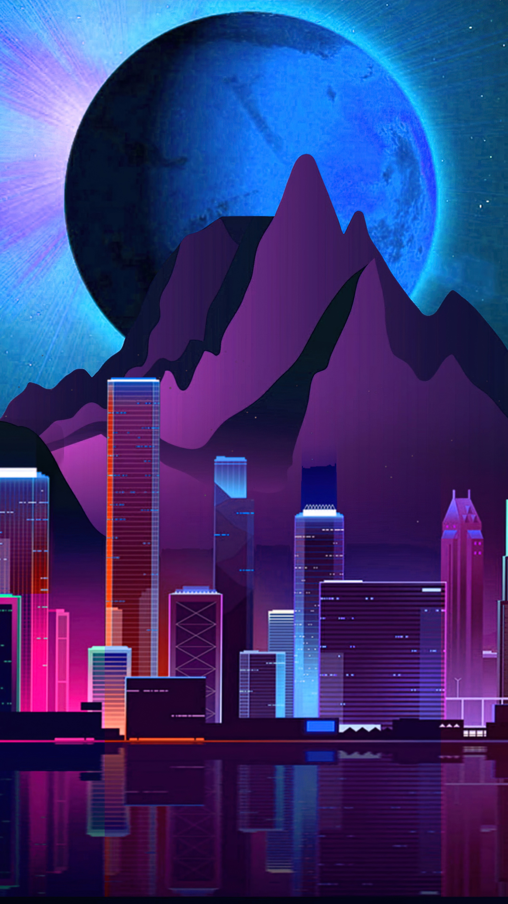 Neon cityscape with mountains and a large blue moon HD Phone Wallpaper