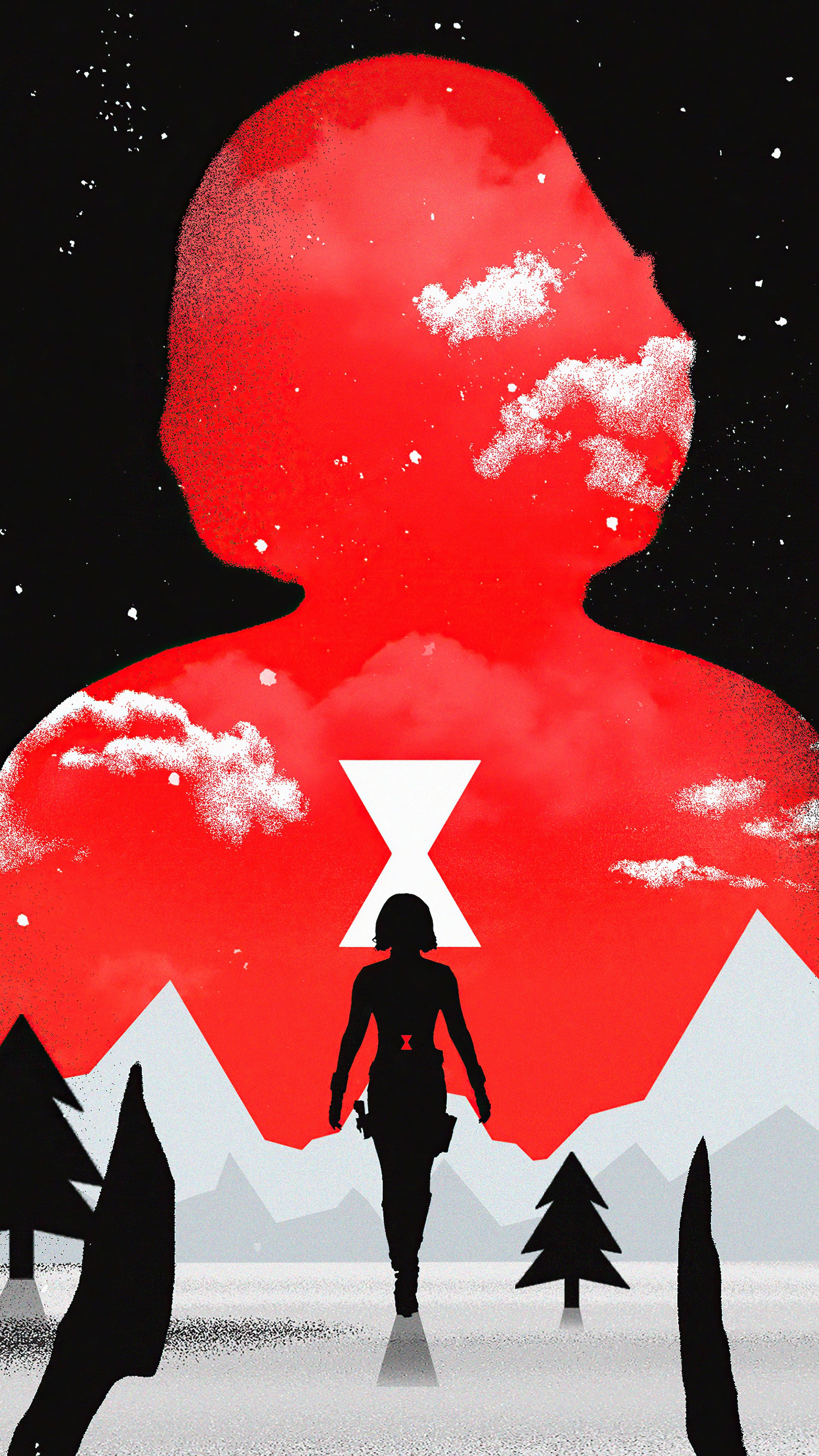 Black Widow Silhouette in Red Landscape HD Phone Wallpaper