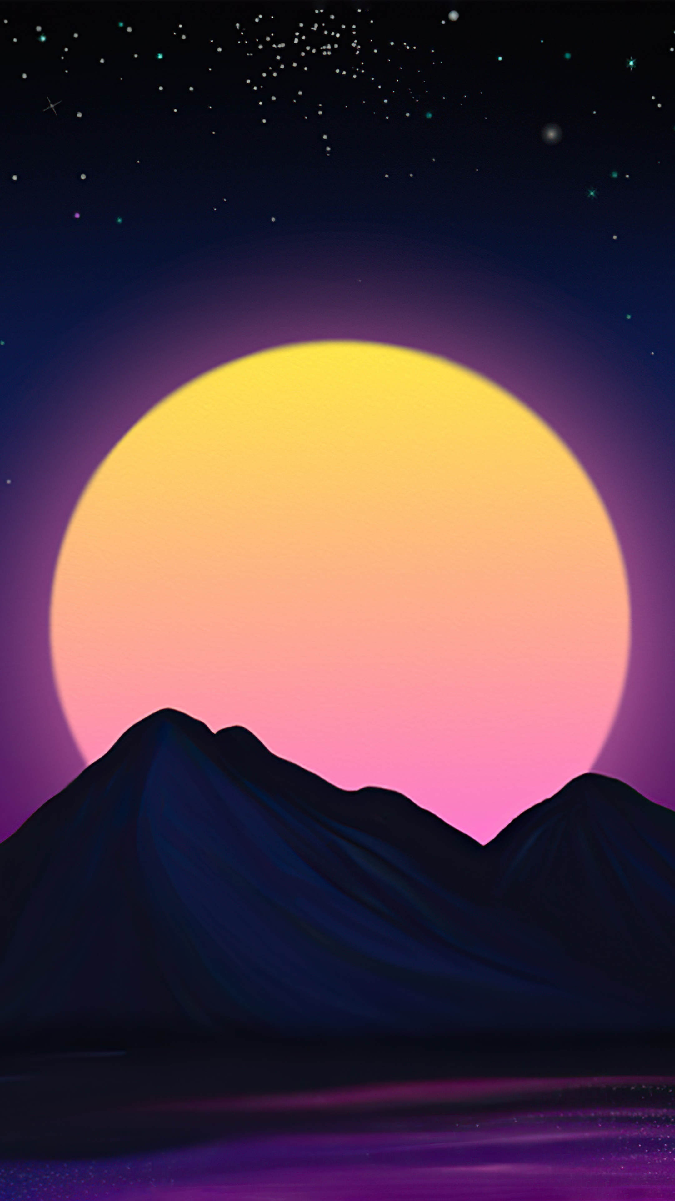 Retrowave mountains and sun with stars HD Phone Wallpaper