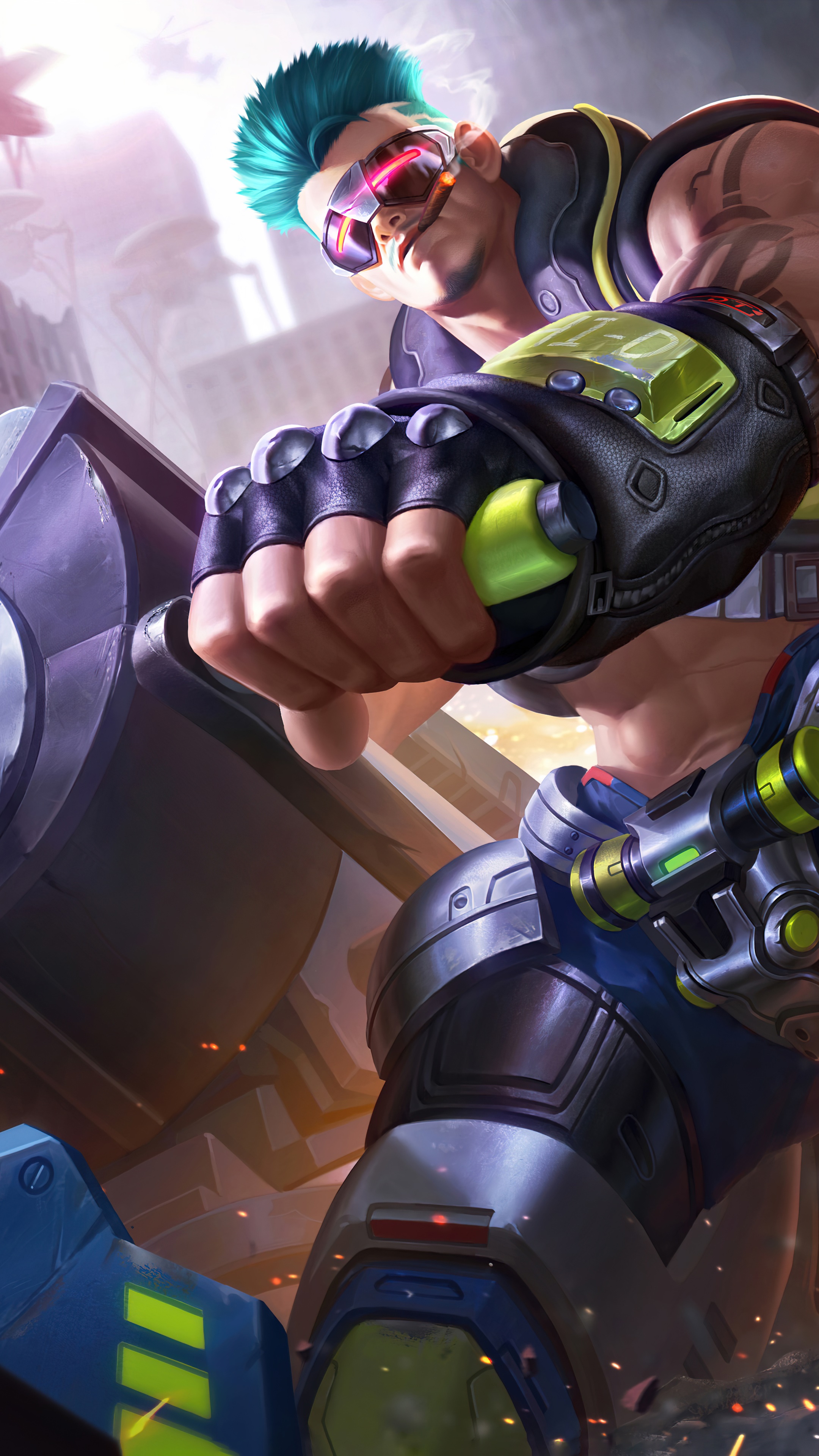 Man with blue hair and goggles holding a weapon HD Phone Wallpaper