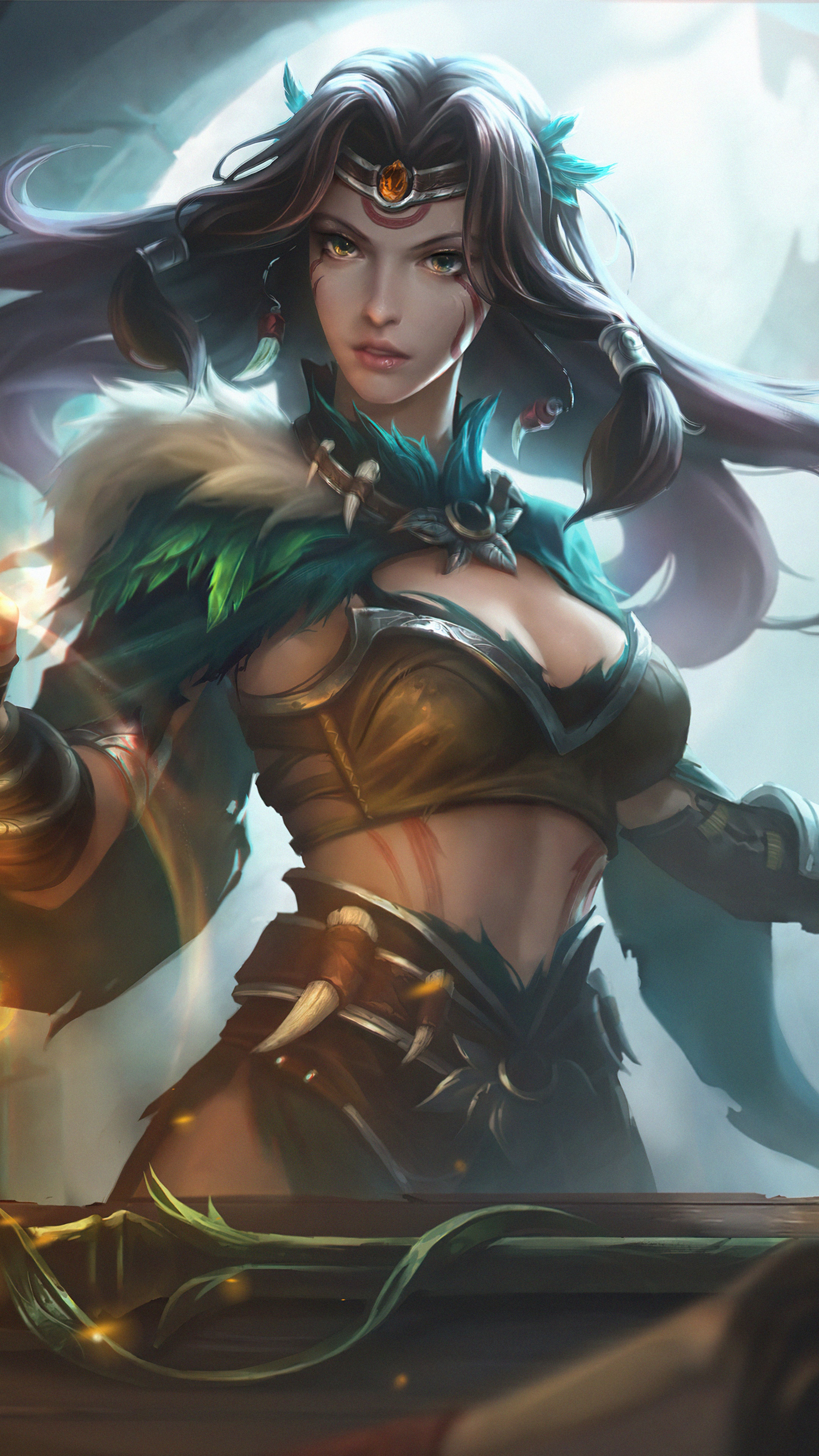 Fantasy warrior woman with feathers and fur HD Phone Wallpaper