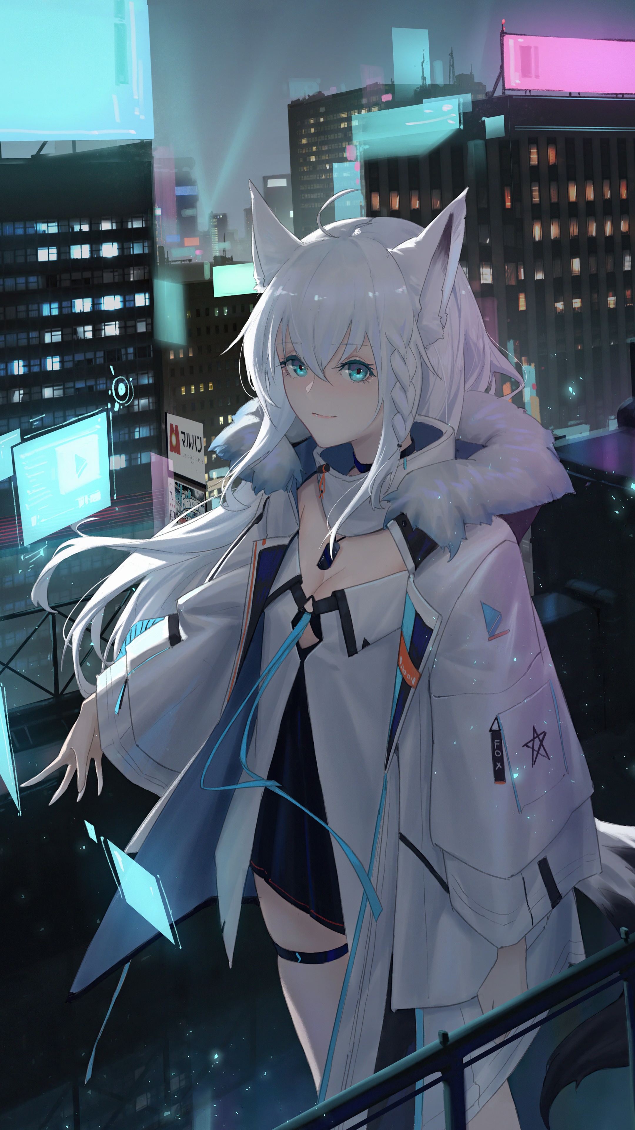 Shirakami Fubuki from Hololive in a futuristic city HD Phone Wallpaper