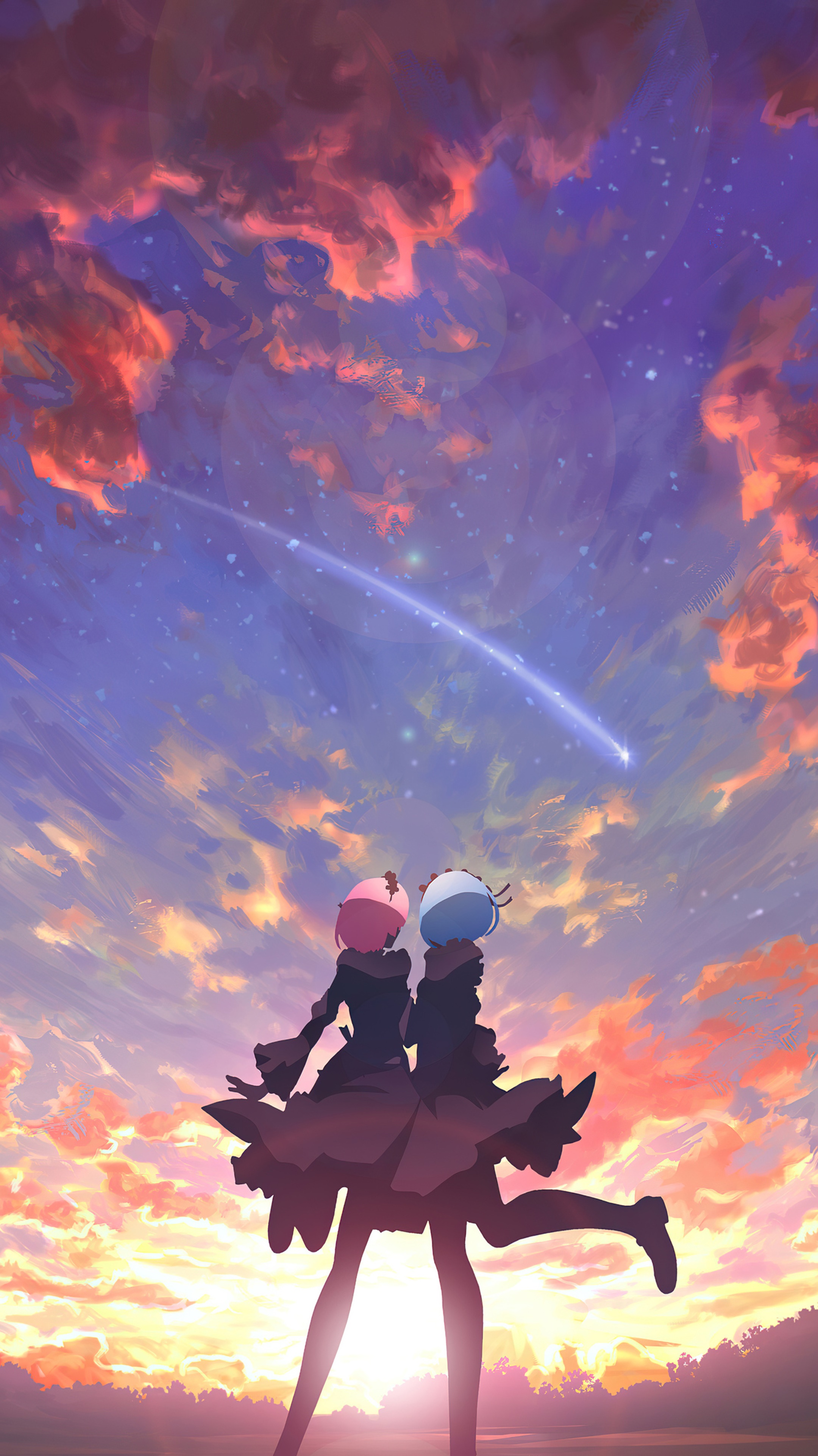 Rem and Ram from Re:Zero watching a shooting star HD Phone Wallpaper