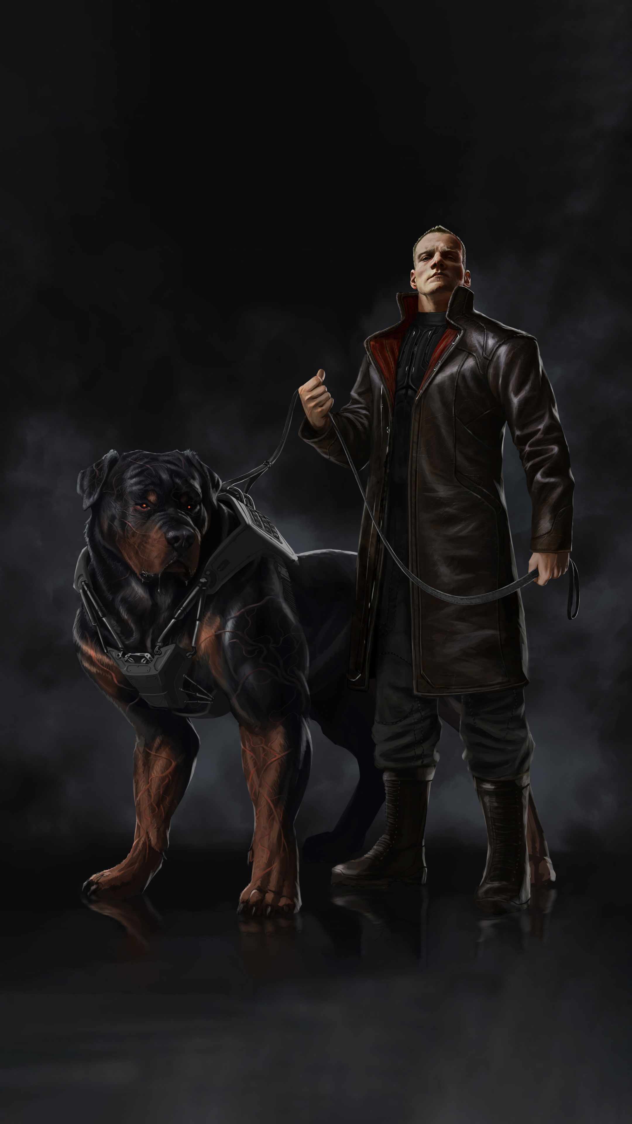 Man with Rottweiler on leash HD Phone Wallpaper