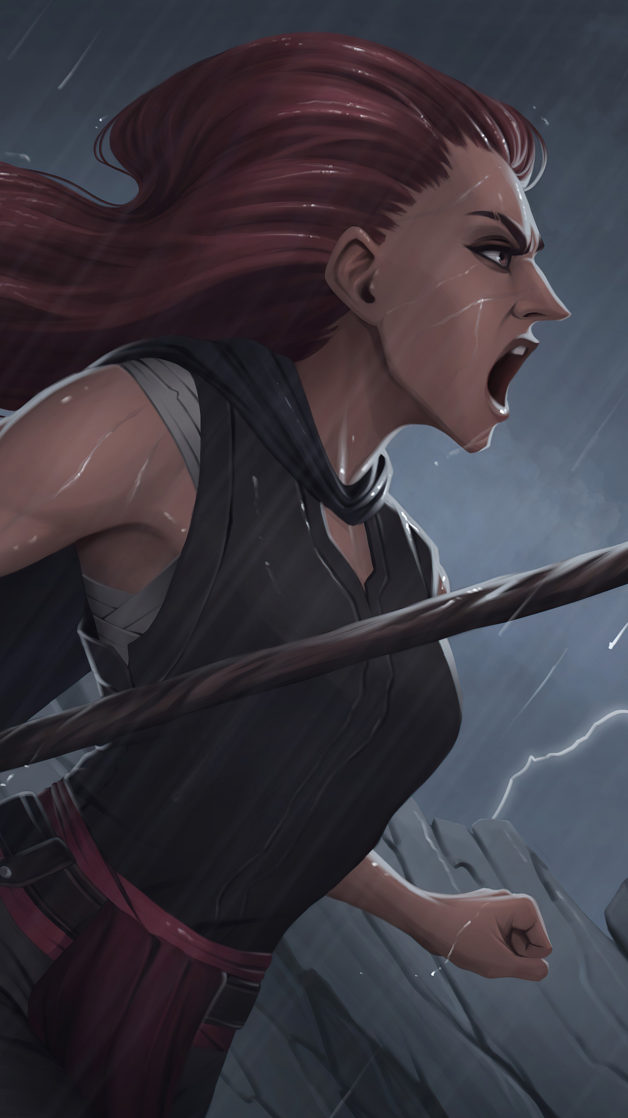Warrior woman screaming in the rain HD Phone Wallpaper