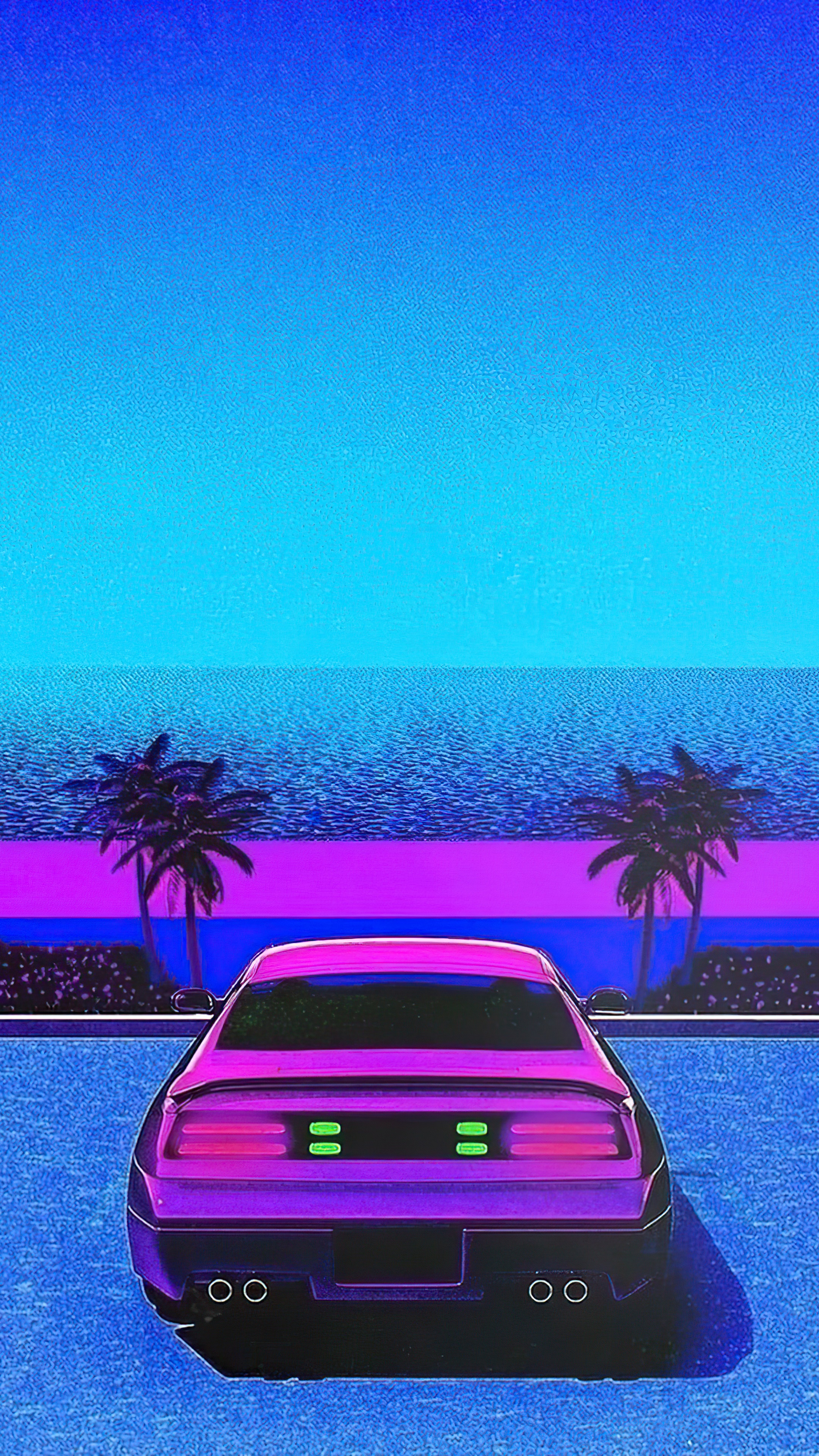 Retro car parked by the ocean with palm trees HD Phone Wallpaper