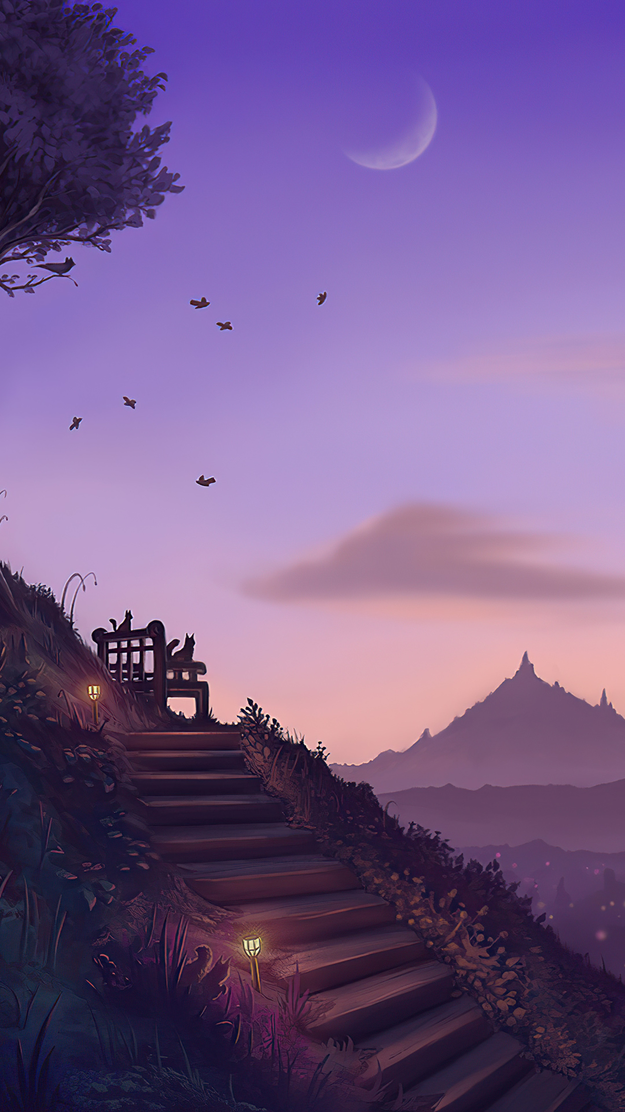 Digital art of a twilight landscape with a crescent moon HD Phone Wallpaper
