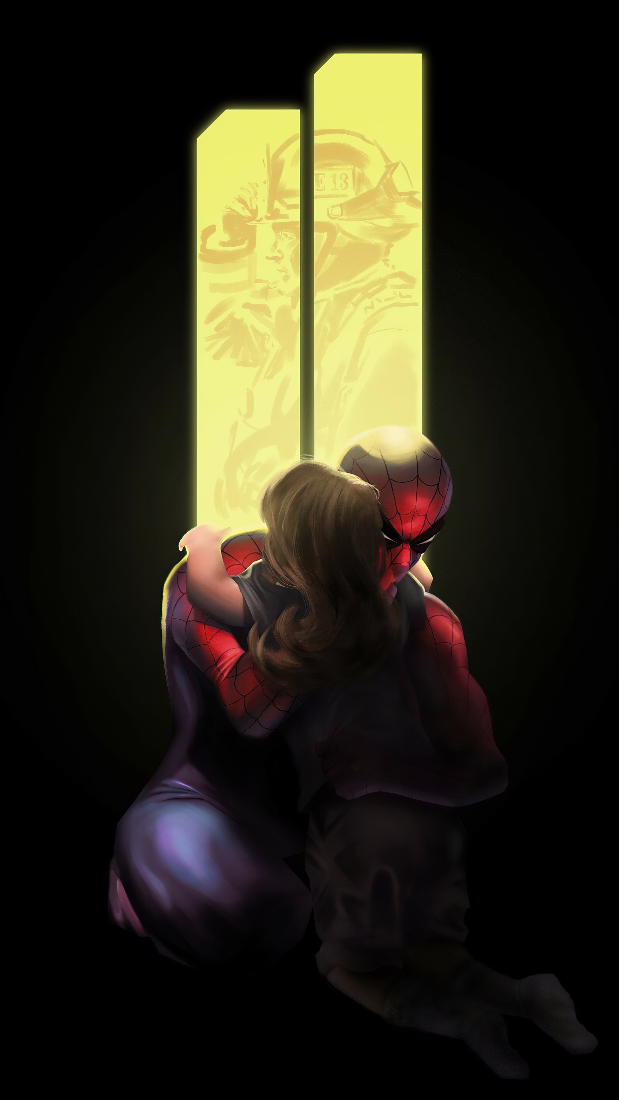 Spiderman comforting a child with the Twin Towers memorial in the background HD Phone Wallpaper