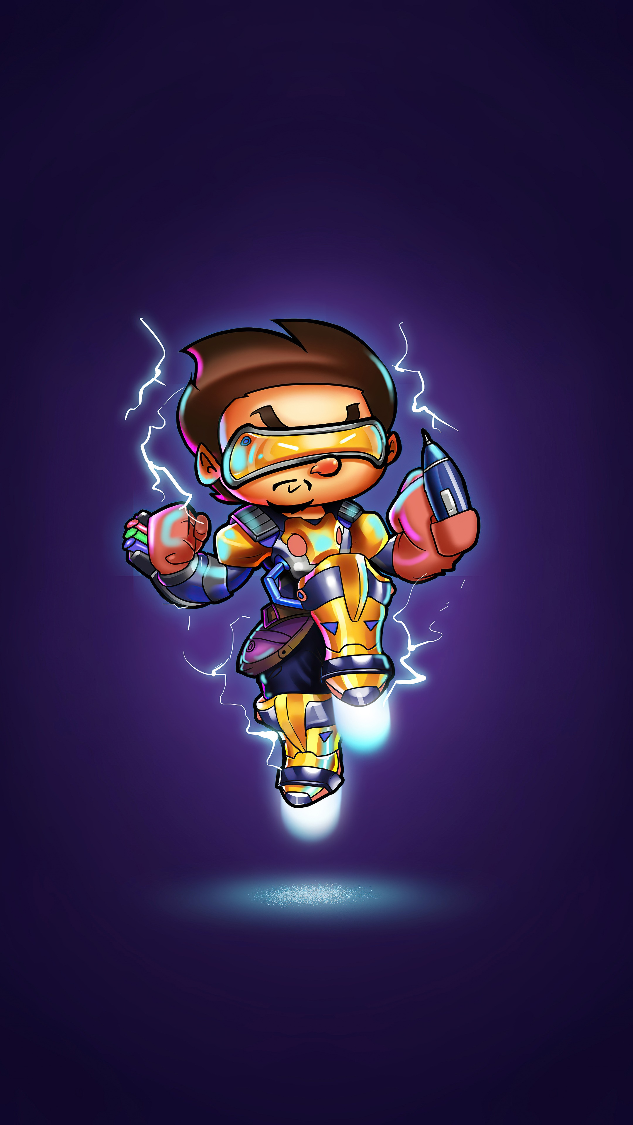Chibi character in futuristic armor with lightning HD Phone Wallpaper