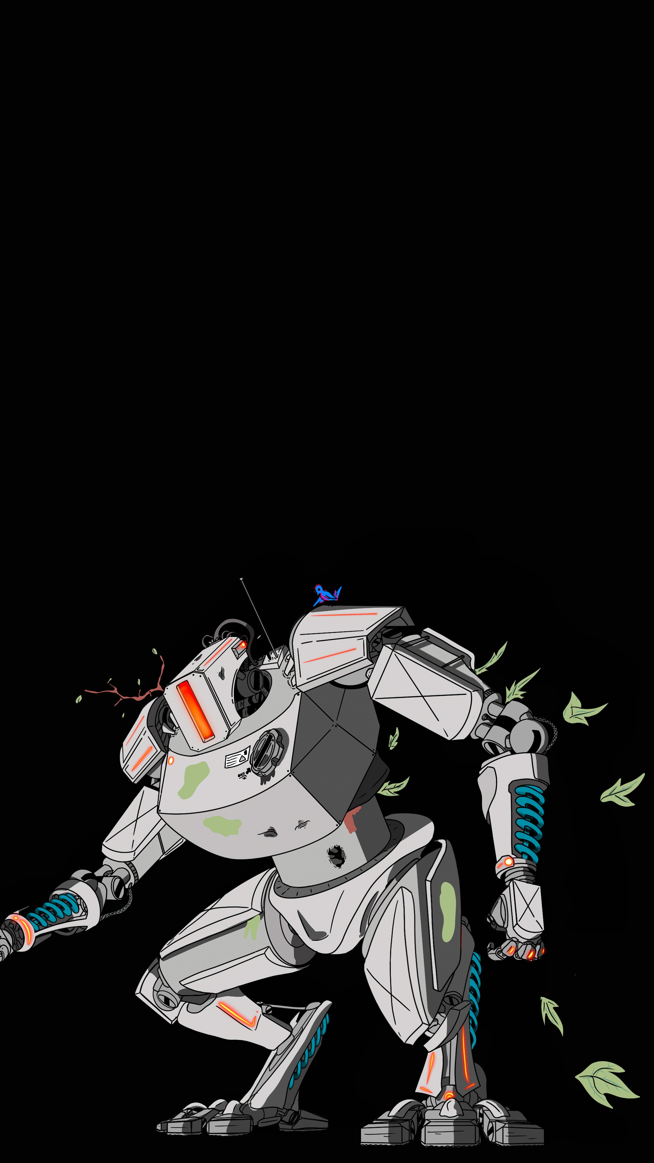 Robot with a butterfly and leaves HD Phone Wallpaper