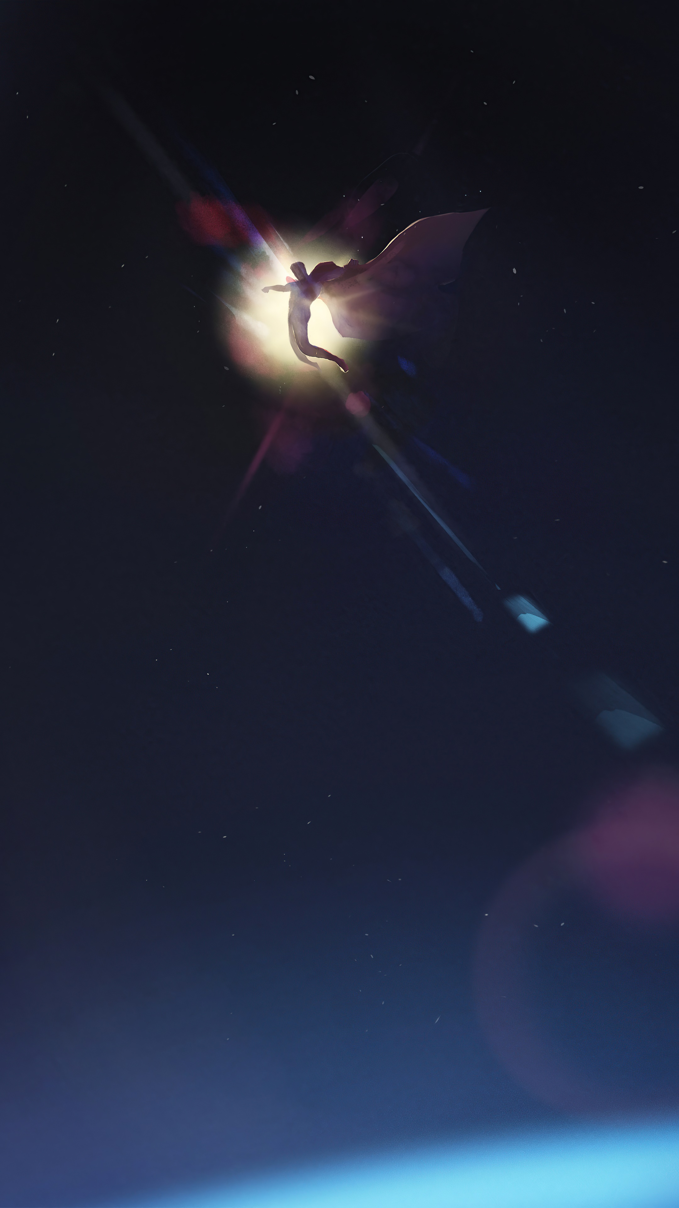 Superman flying in space with lens flares HD Phone Wallpaper