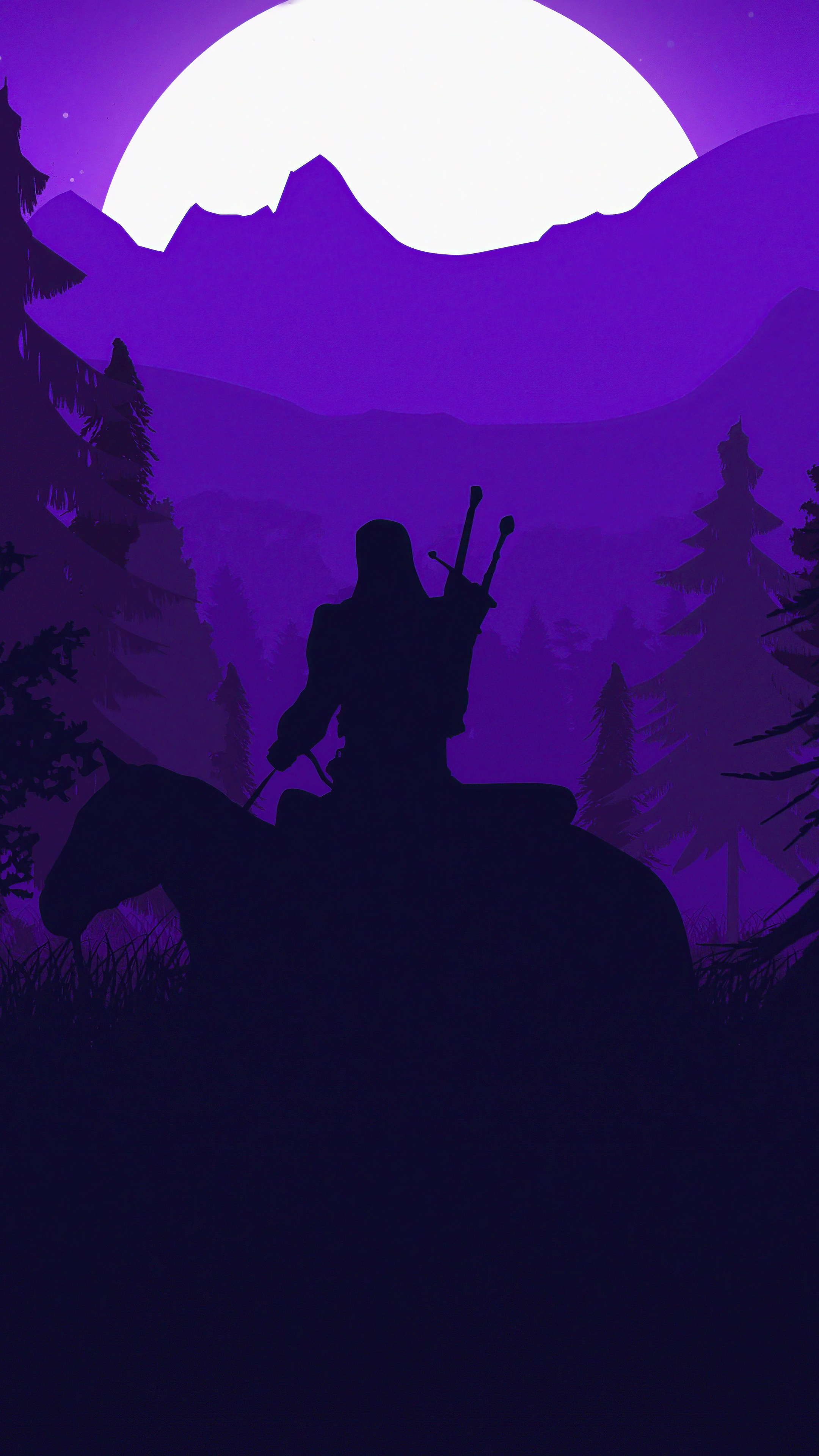 Geralt of Rivia on horseback under a large moon HD Phone Wallpaper
