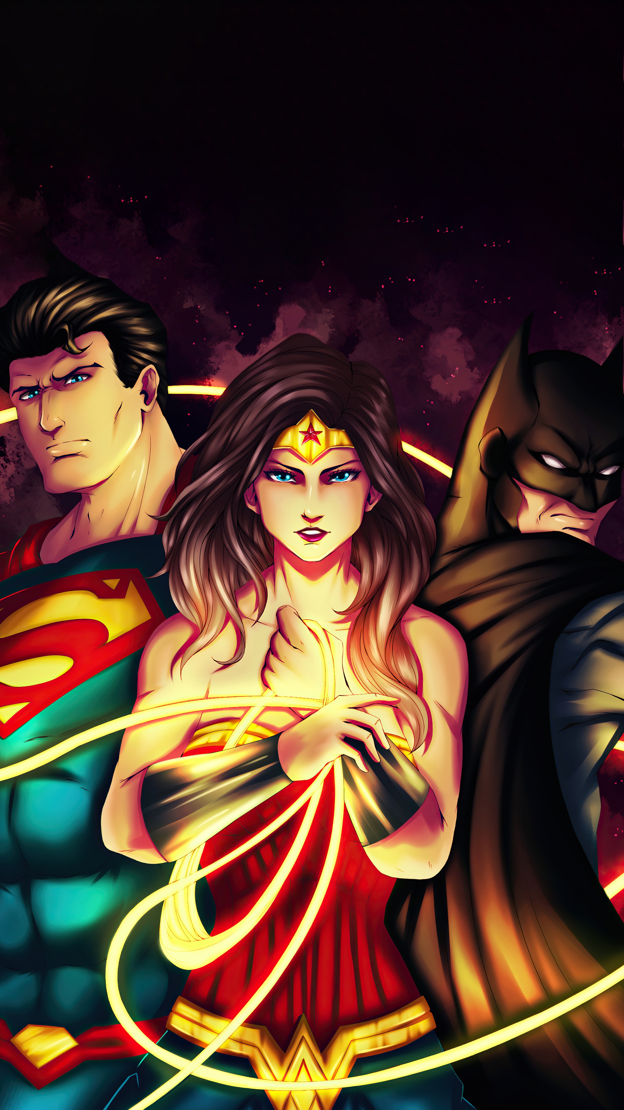 Superman, Batman, and Wonder Woman artwork HD Phone Wallpaper