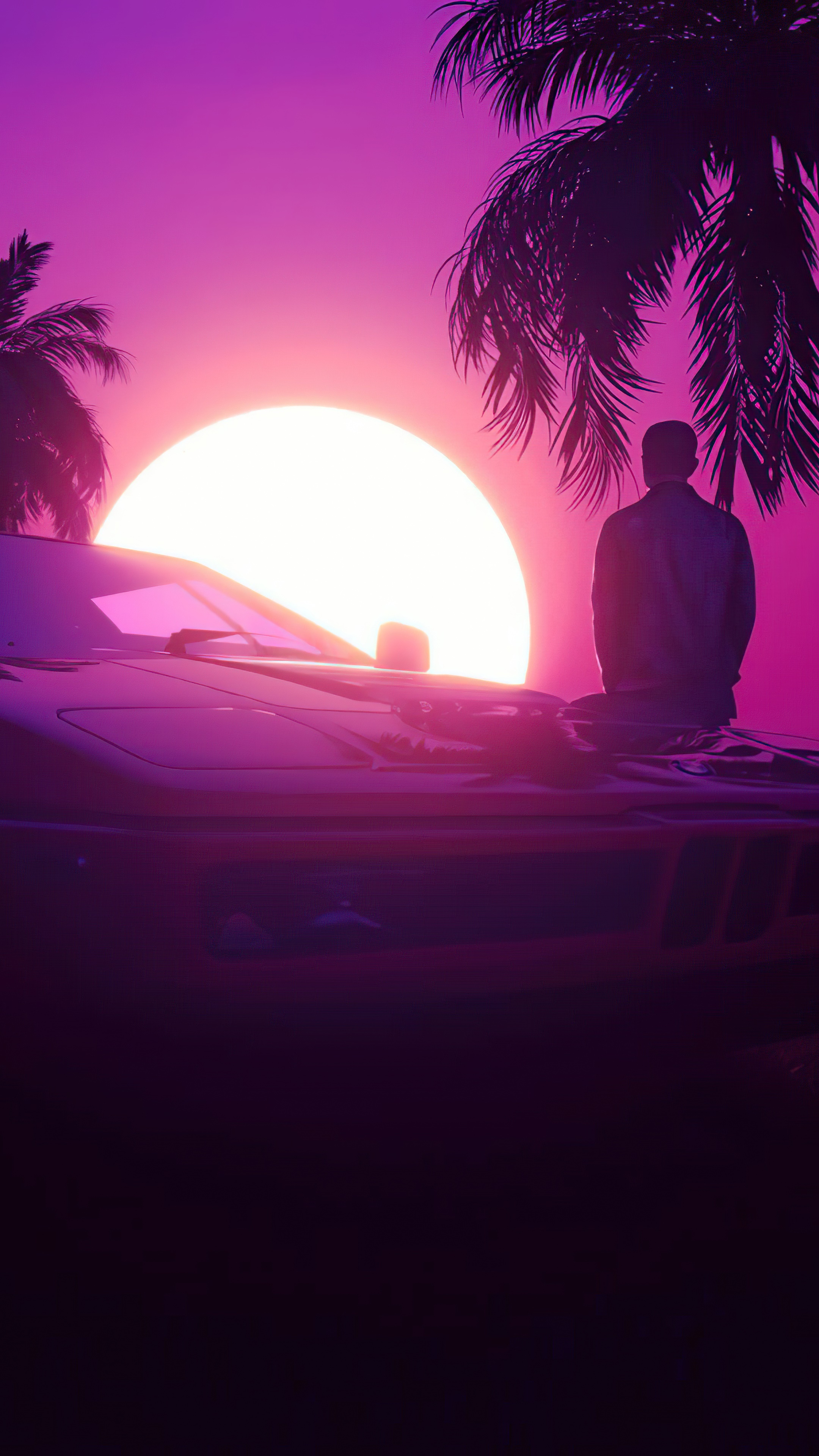 Man on car at sunset with palm trees HD Phone Wallpaper
