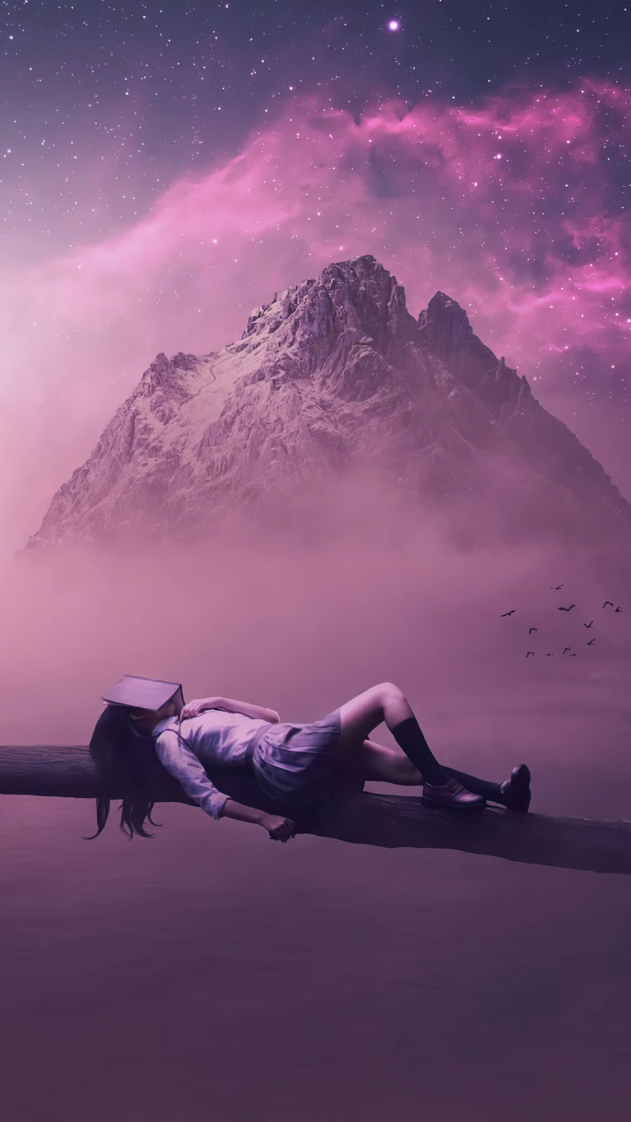 Girl sleeping on a log with a book over her face, mountain and starry sky HD Phone Wallpaper