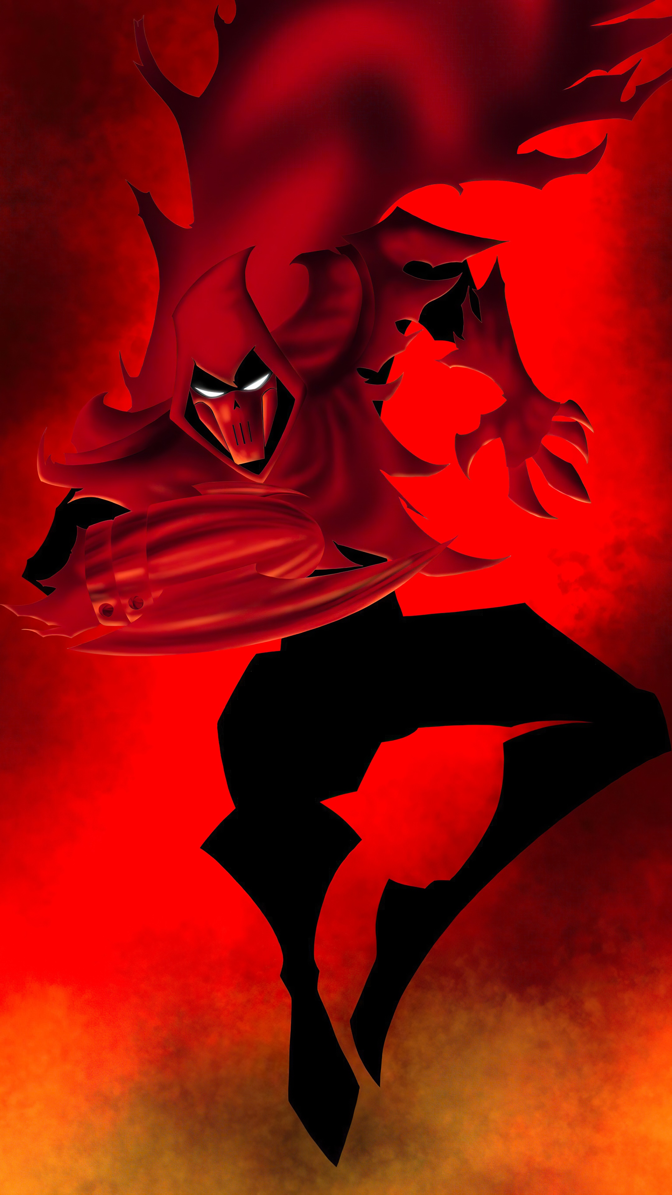 Red hooded figure with glowing eyes and sharp claws HD Phone Wallpaper