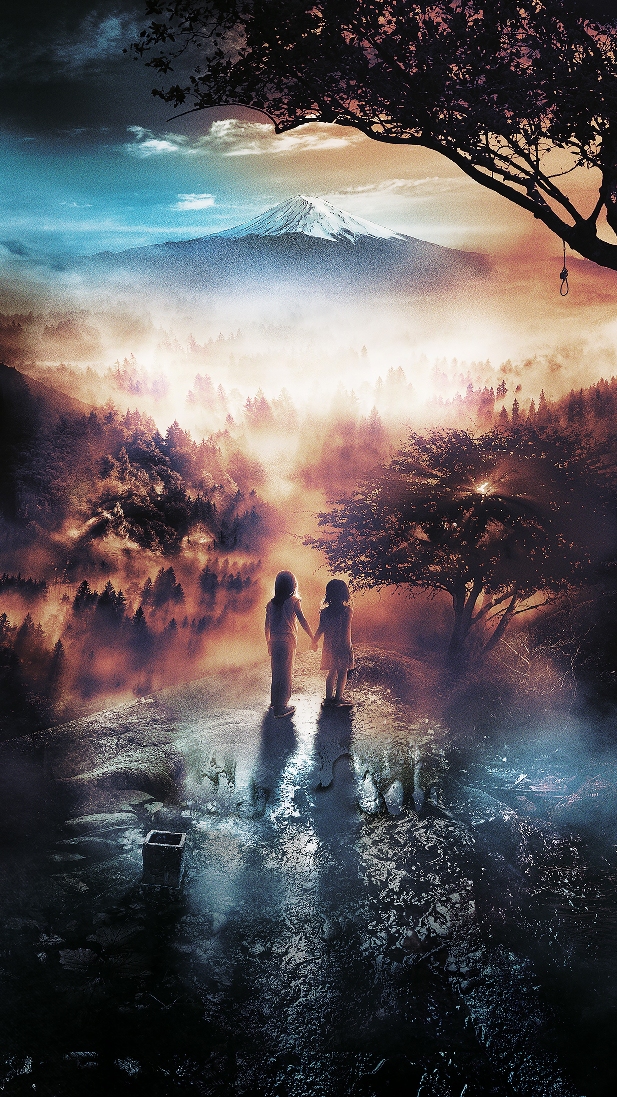 Two children holding hands in front of a misty mountain landscape HD Phone Wallpaper
