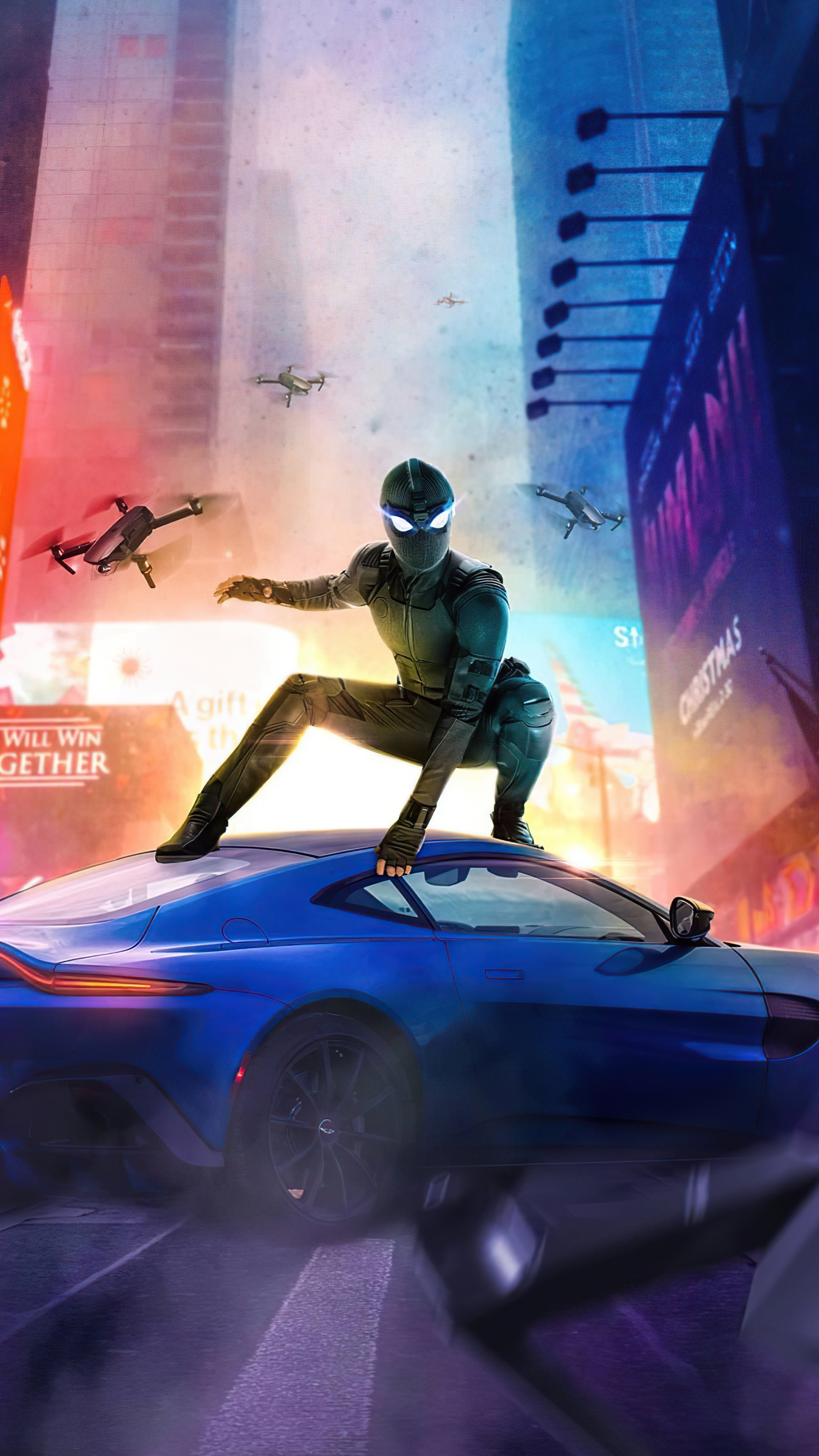 Spider-Man from Marvel in a city with drones and a car HD Phone Wallpaper