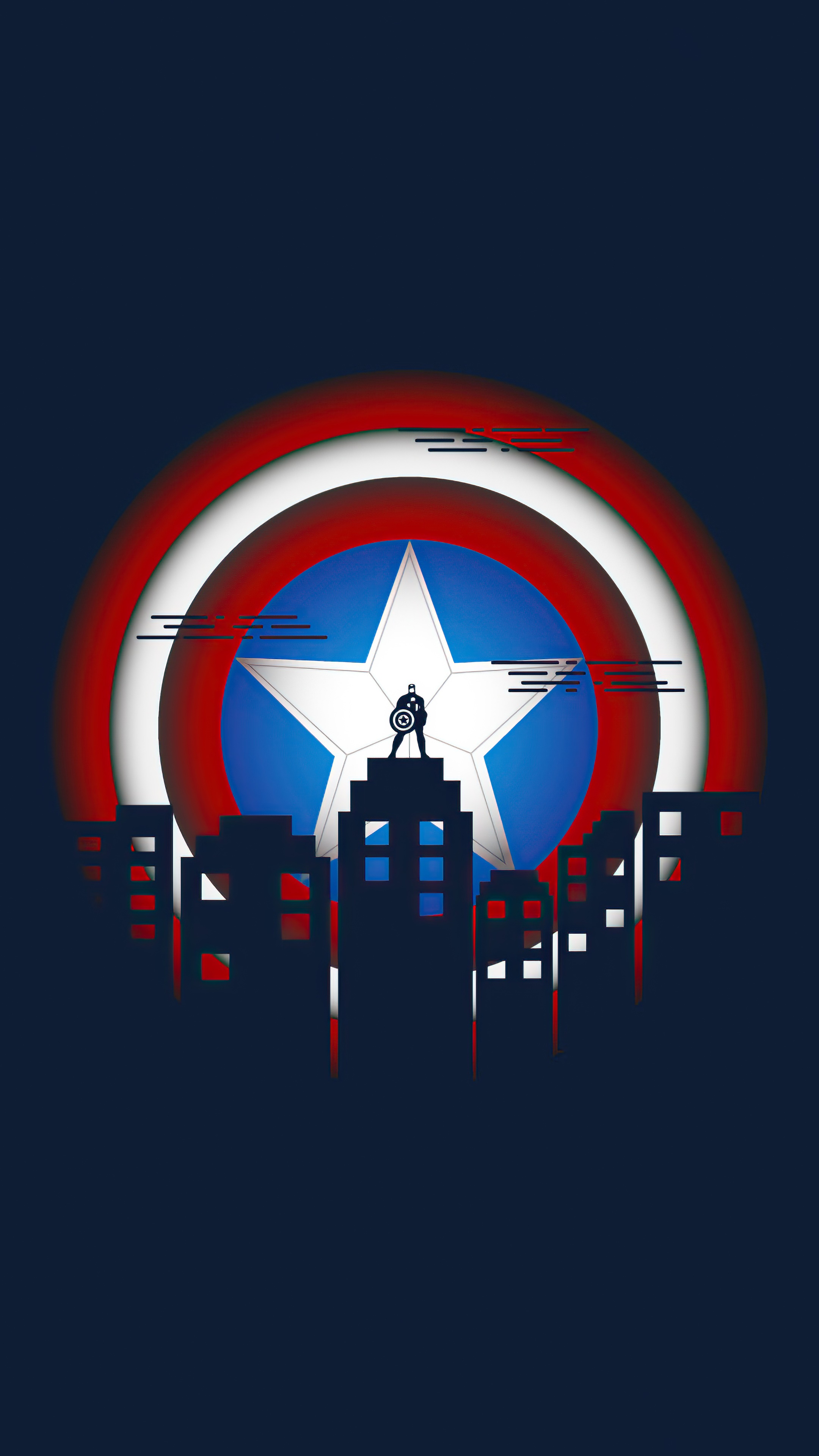 Captain America's shield over a city skyline HD Phone Wallpaper