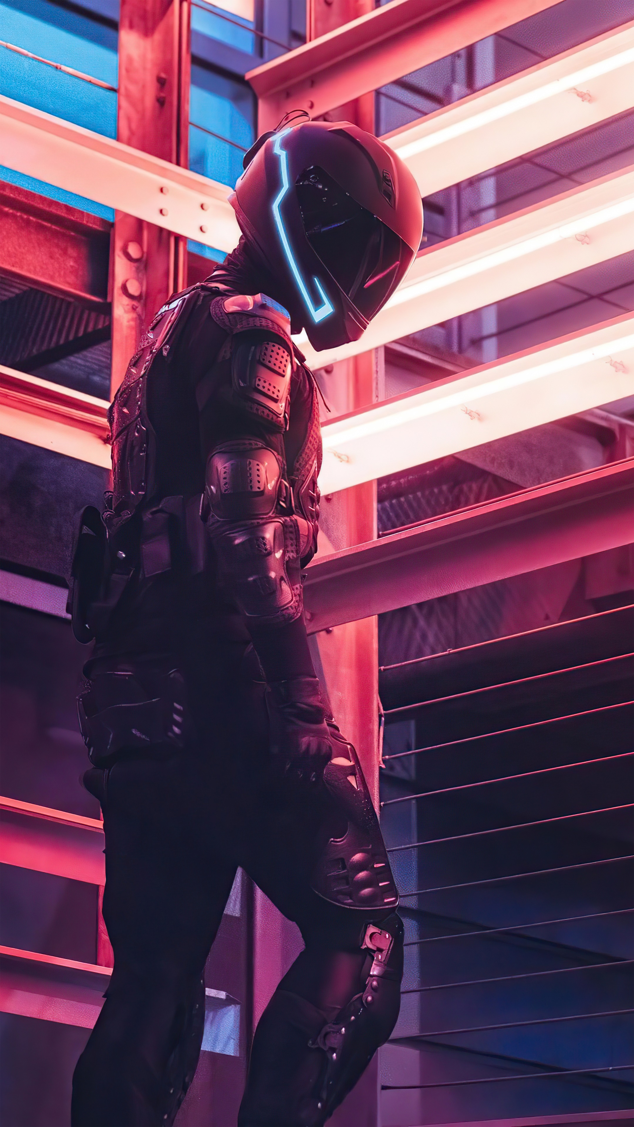 Cyberpunk character in futuristic helmet and armor HD Phone Wallpaper