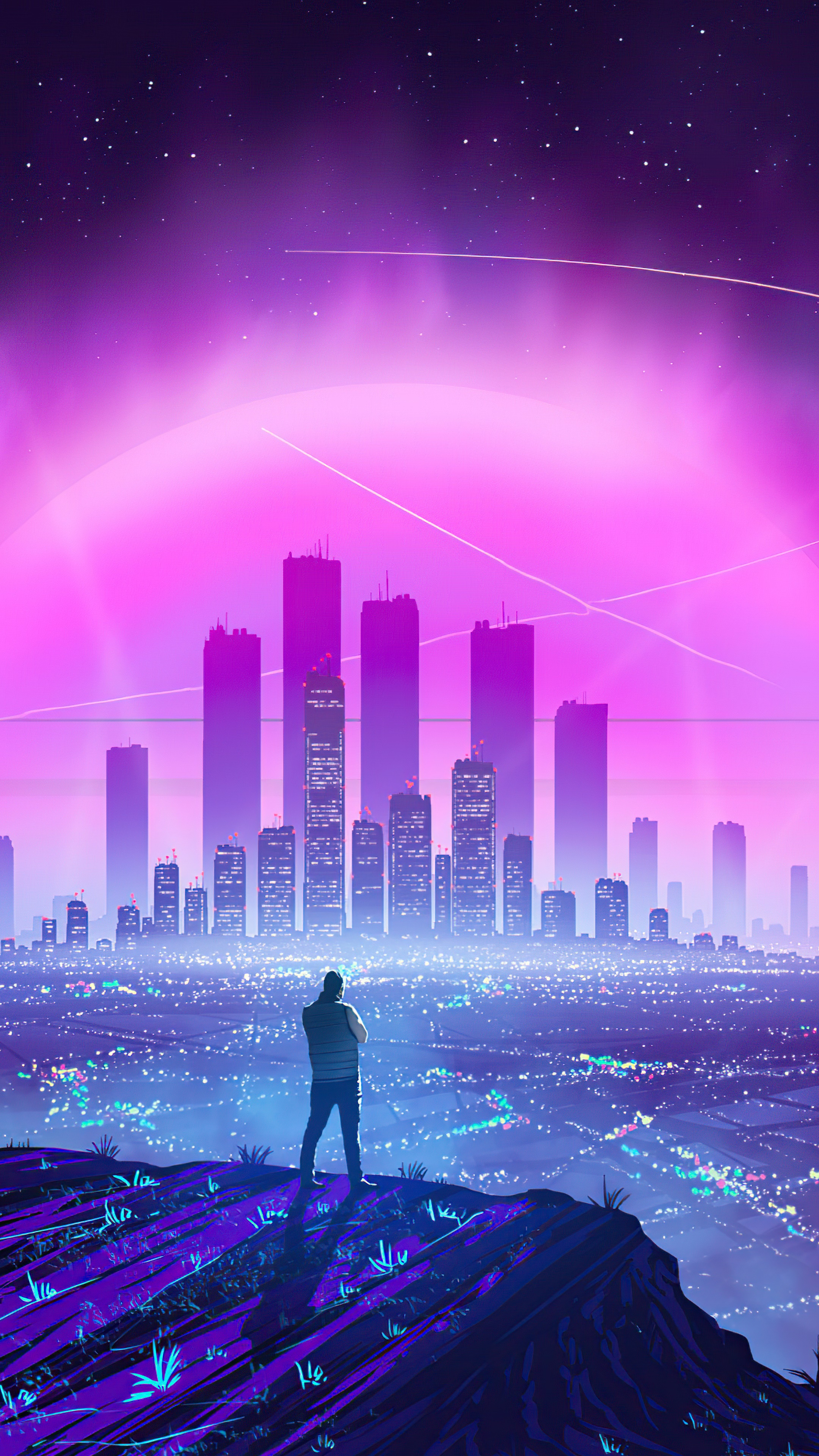 Man overlooking a futuristic city at night HD Phone Wallpaper
