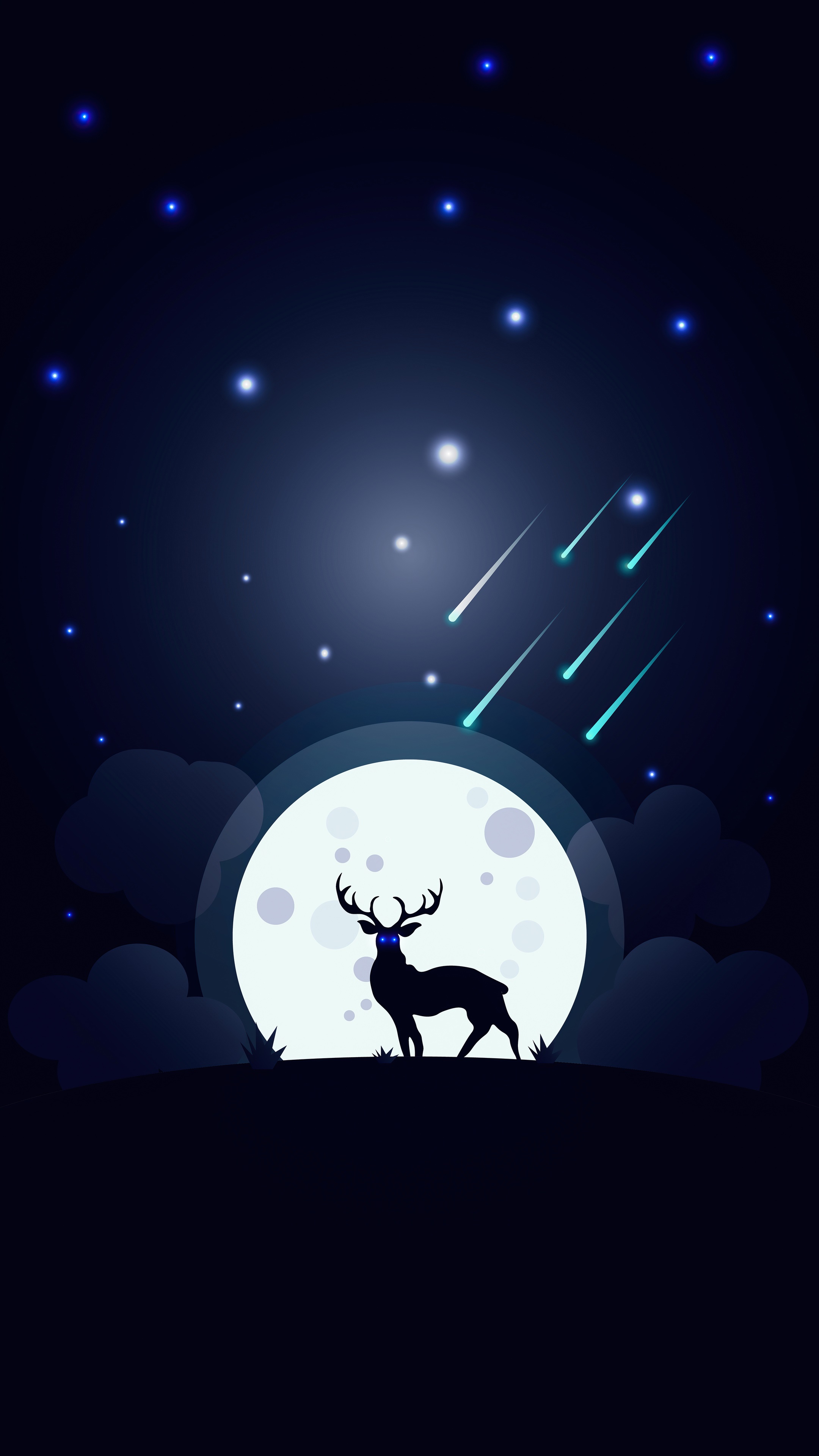 Minimalist deer silhouette against a large moon with shooting stars HD Phone Wallpaper