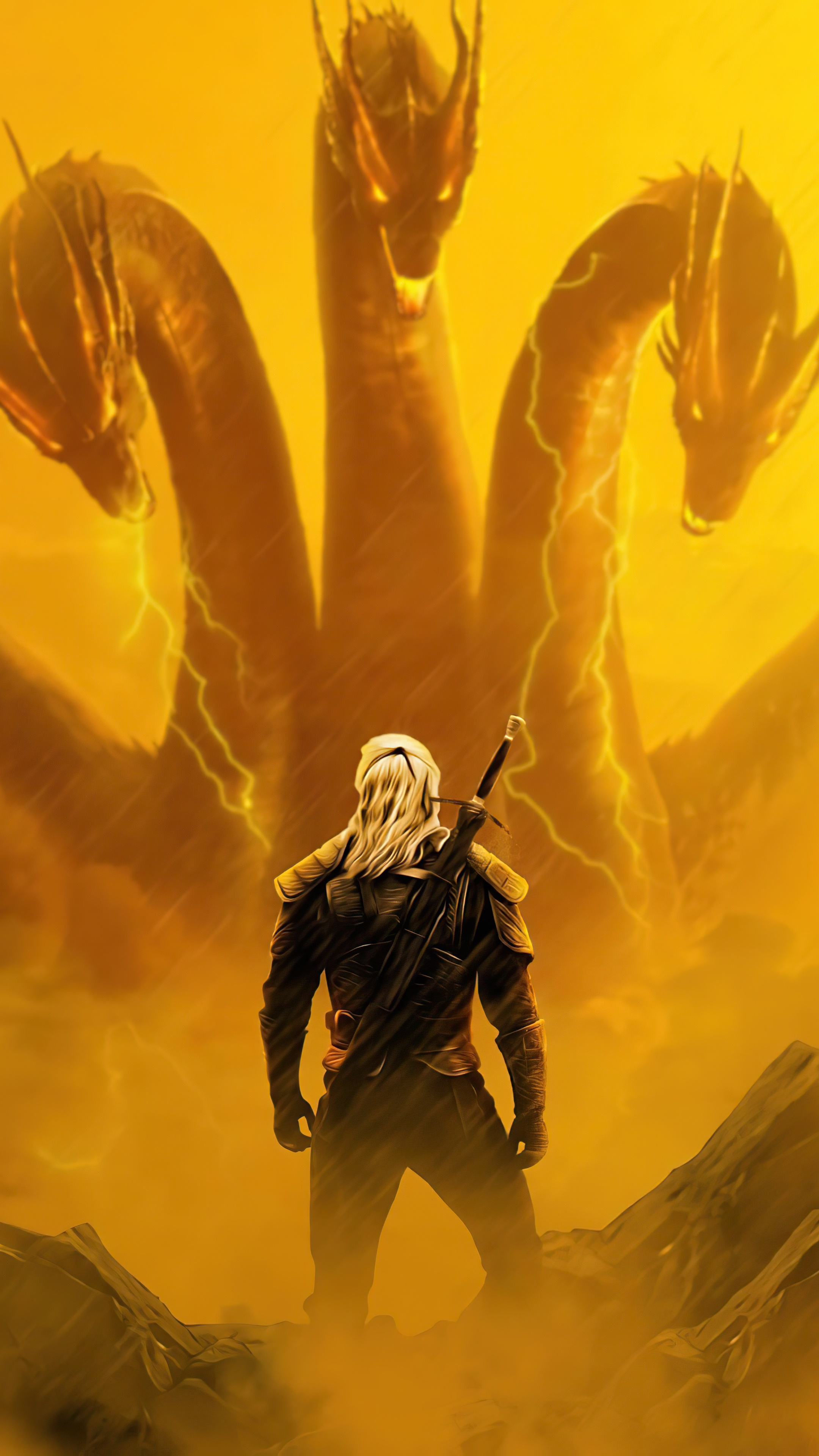 Geralt of Rivia faces King Ghidorah from The Witcher 4K HD Phone Wallpaper
