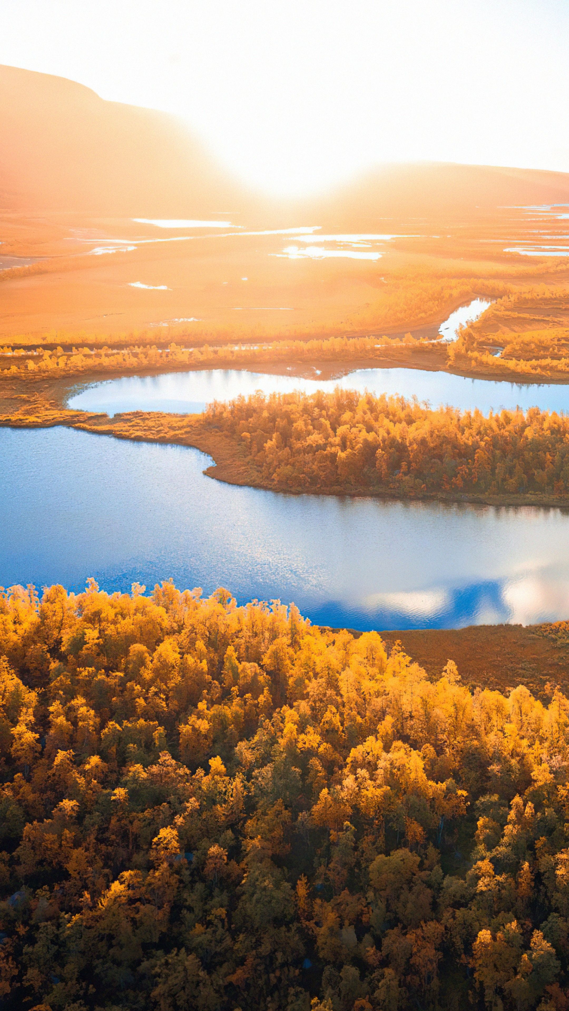 Sunrise over autumn landscape with lakes and trees HD Phone Wallpaper