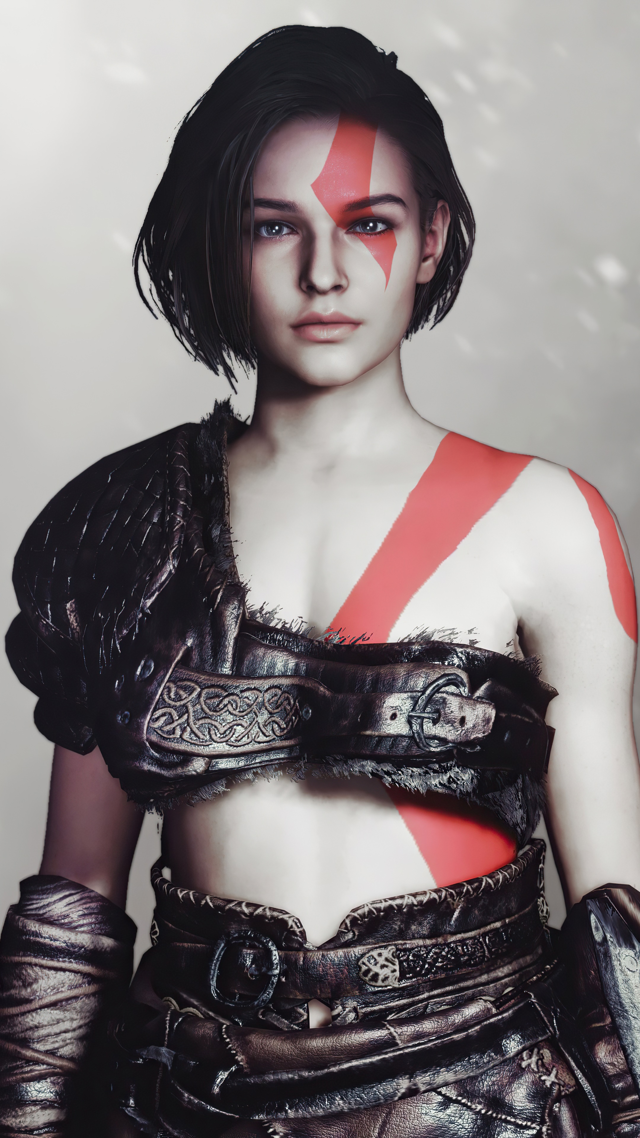Artwork of a woman with red markings, inspired by God of War HD Phone Wallpaper